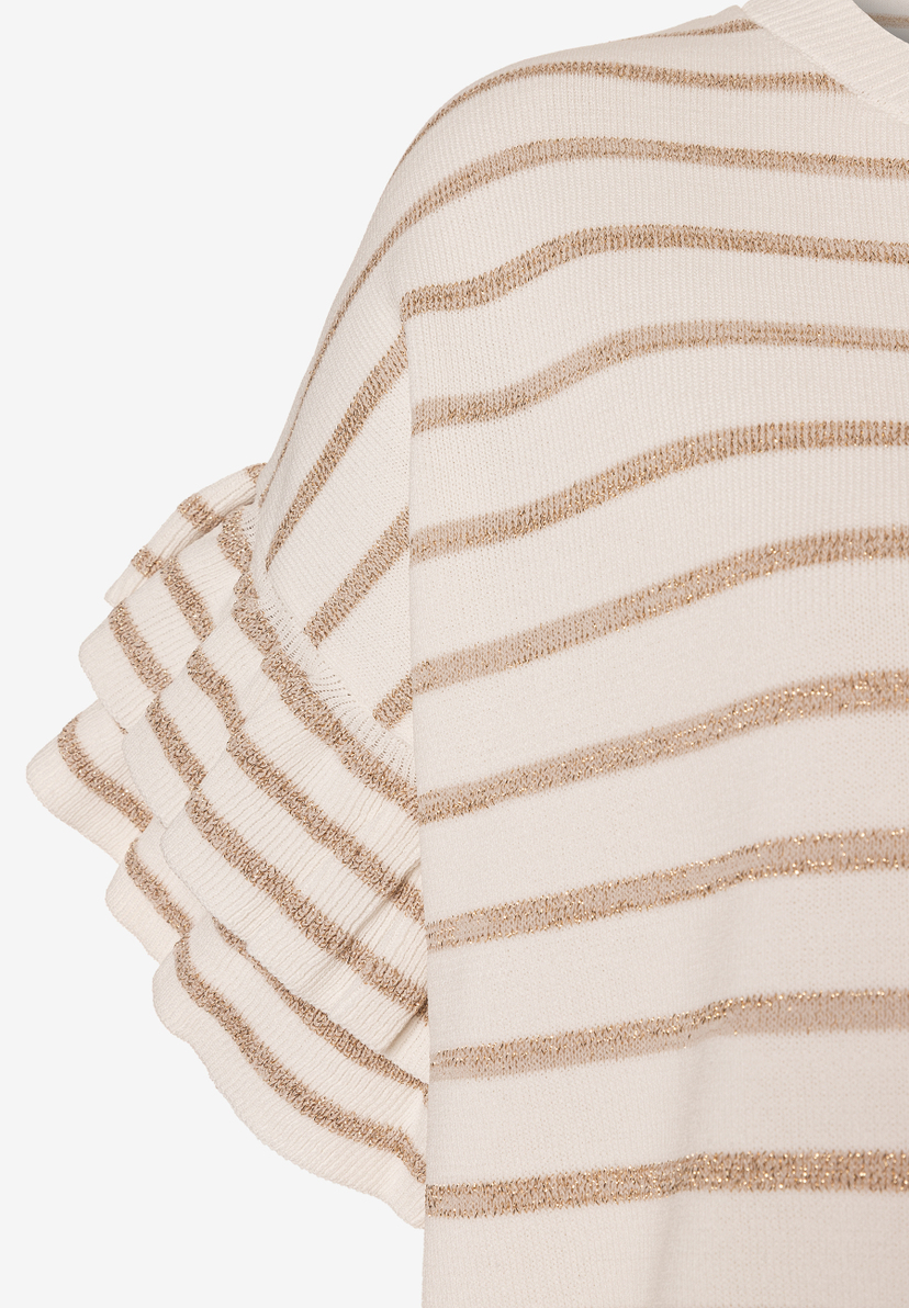 MORE & MORE Strickoberteil mit glänzenden, beigen Streifen und Rüschenärmel. MORE & MORE Strickoberteil mit glänzenden, beigen Streifen und Rüschenärmel.