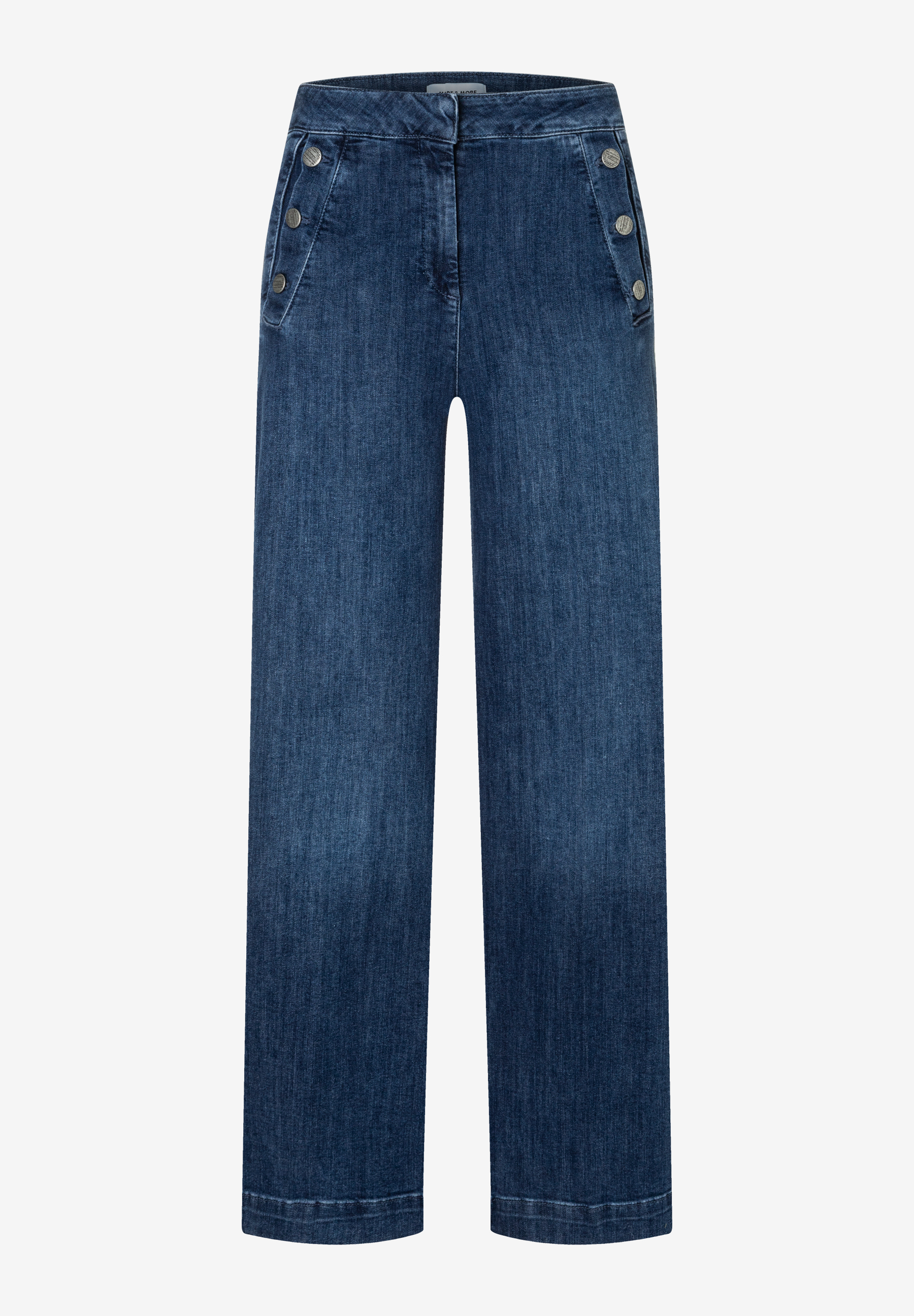 Eine blaue MORE & MORE Jeanshose aus Denim mit Knöpfen. Eine blaue MORE & MORE Jeanshose aus Denim mit Knöpfen.