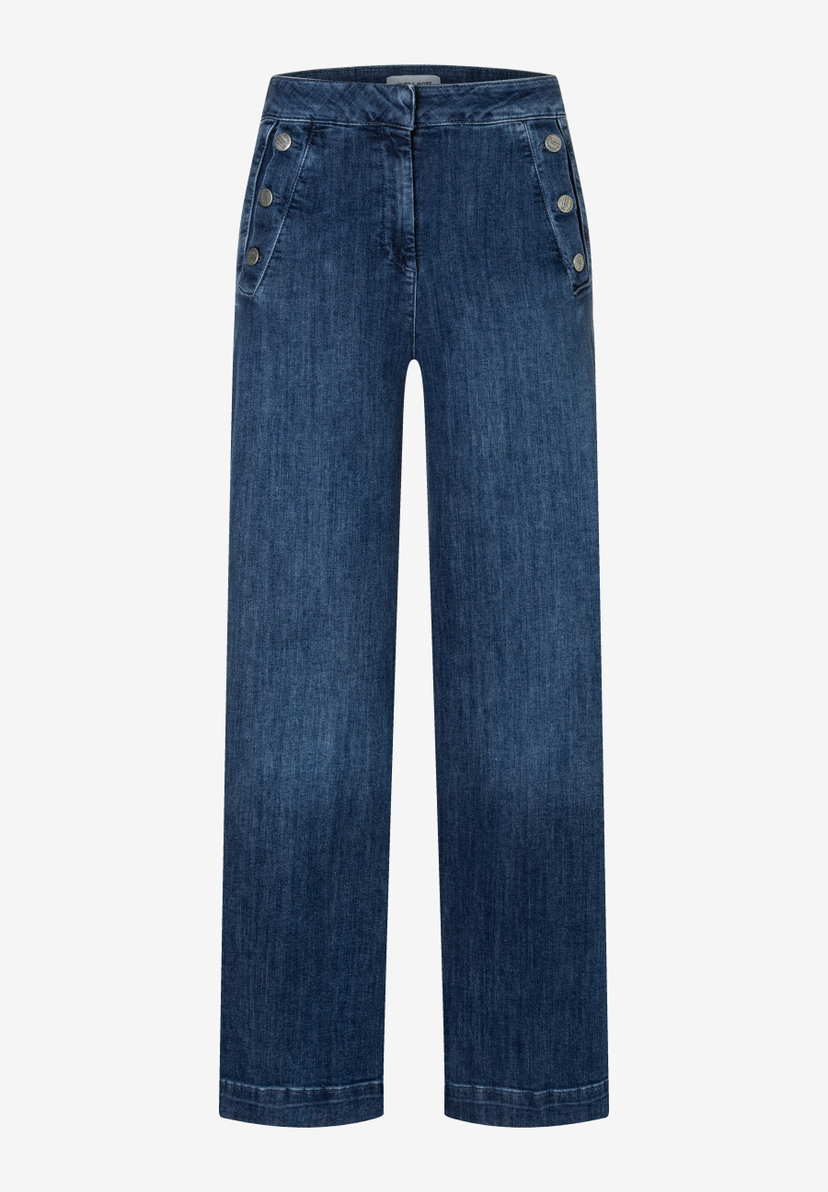Eine blaue MORE & MORE Jeanshose aus Denim mit Knöpfen. Eine blaue MORE & MORE Jeanshose aus Denim mit Knöpfen.