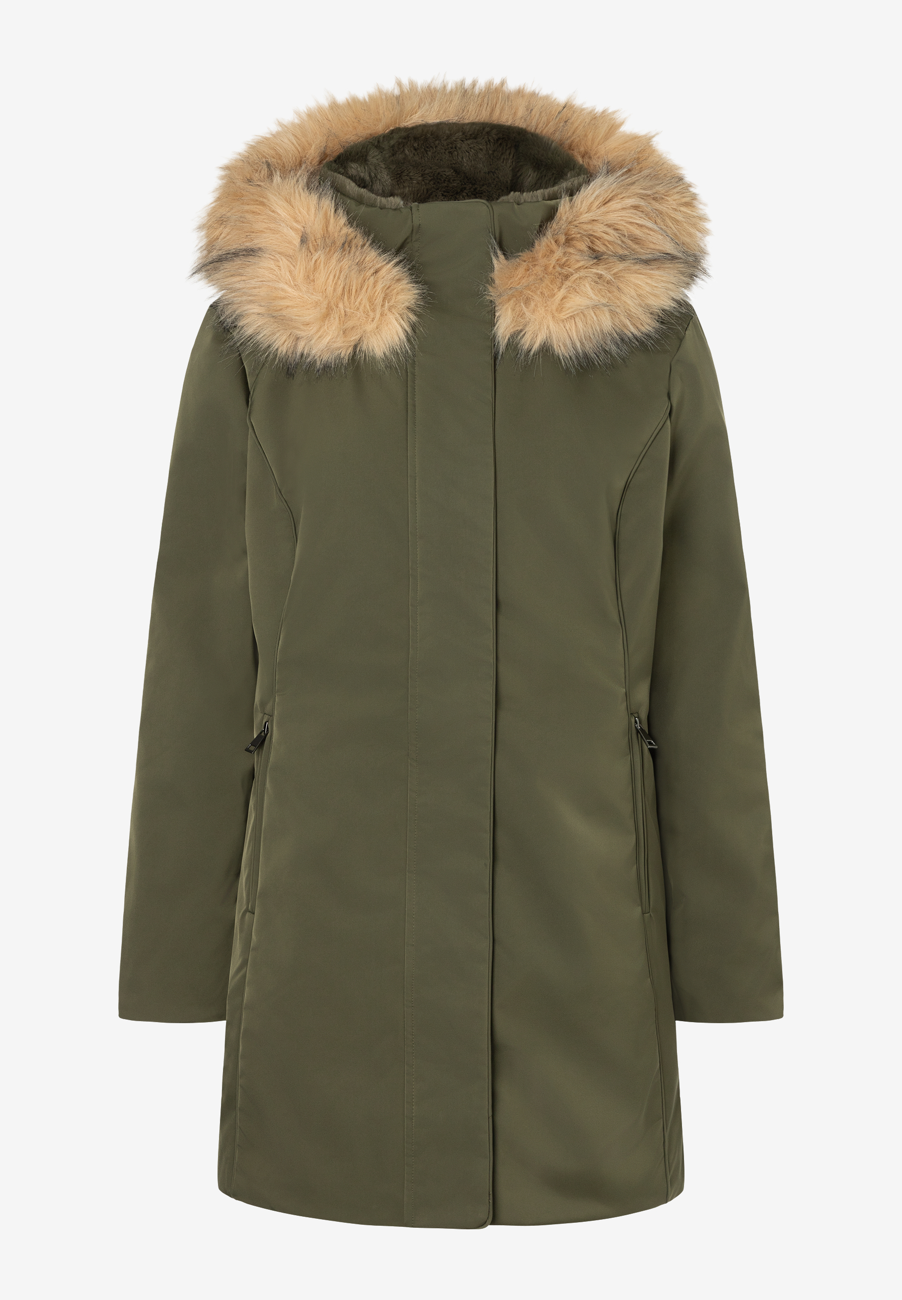 MORE & MORE Winterjacke in Olivgrün mit abnehmbarem Kunstpelz an der Kapuze, Reißverschlüssen und glattem Design.