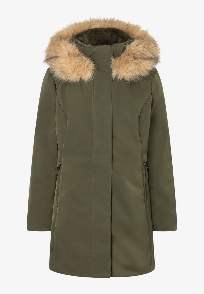 MORE & MORE Winterjacke in Olivgrün mit abnehmbarem Kunstpelz an der Kapuze, Reißverschlüssen und glattem Design.
