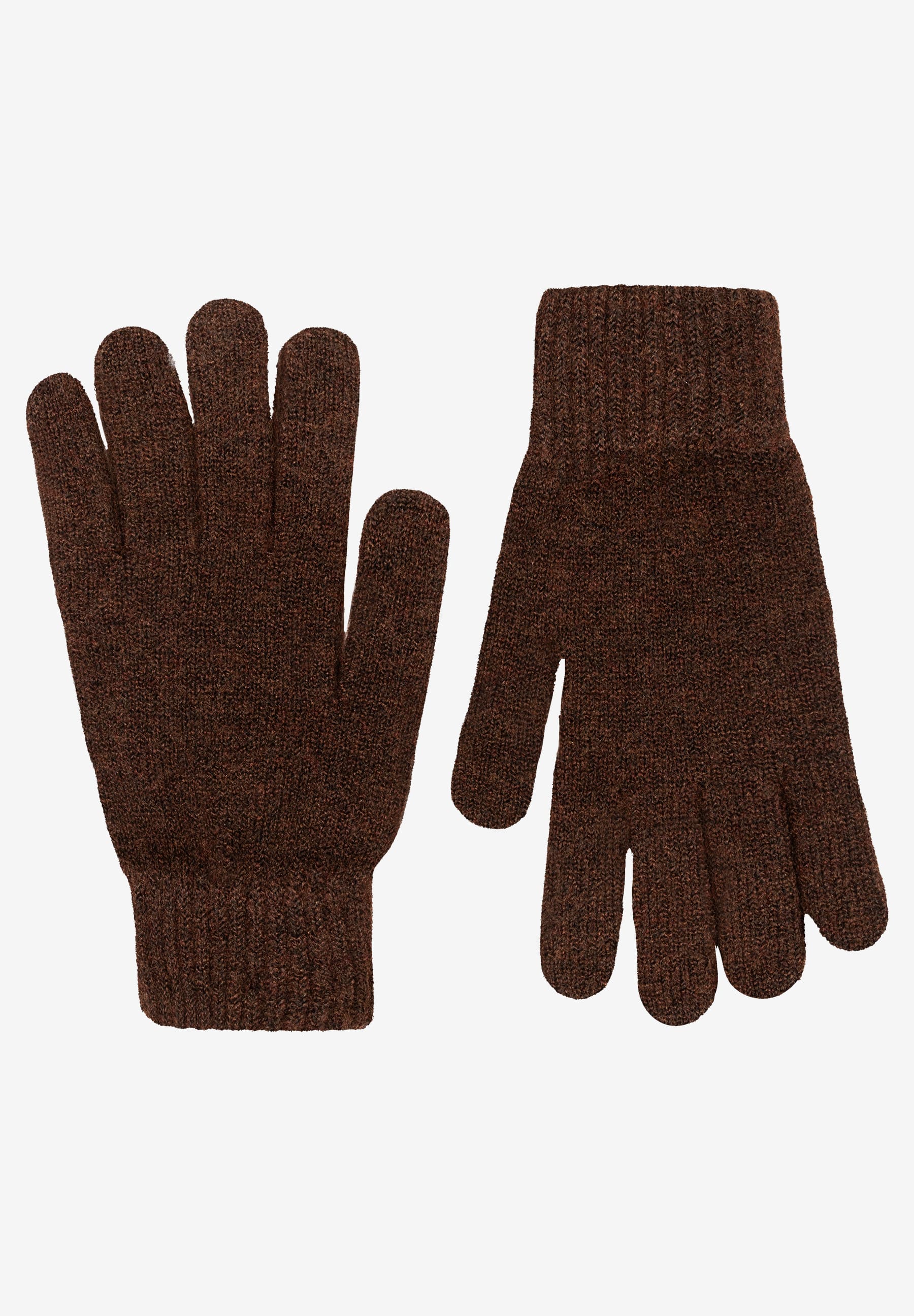 Ein Paar braune MORE & MORE Strickhandschuhe liegen auf weißem Hintergrund. Ein Paar braune MORE & MORE Strickhandschuhe liegen auf weißem Hintergrund.