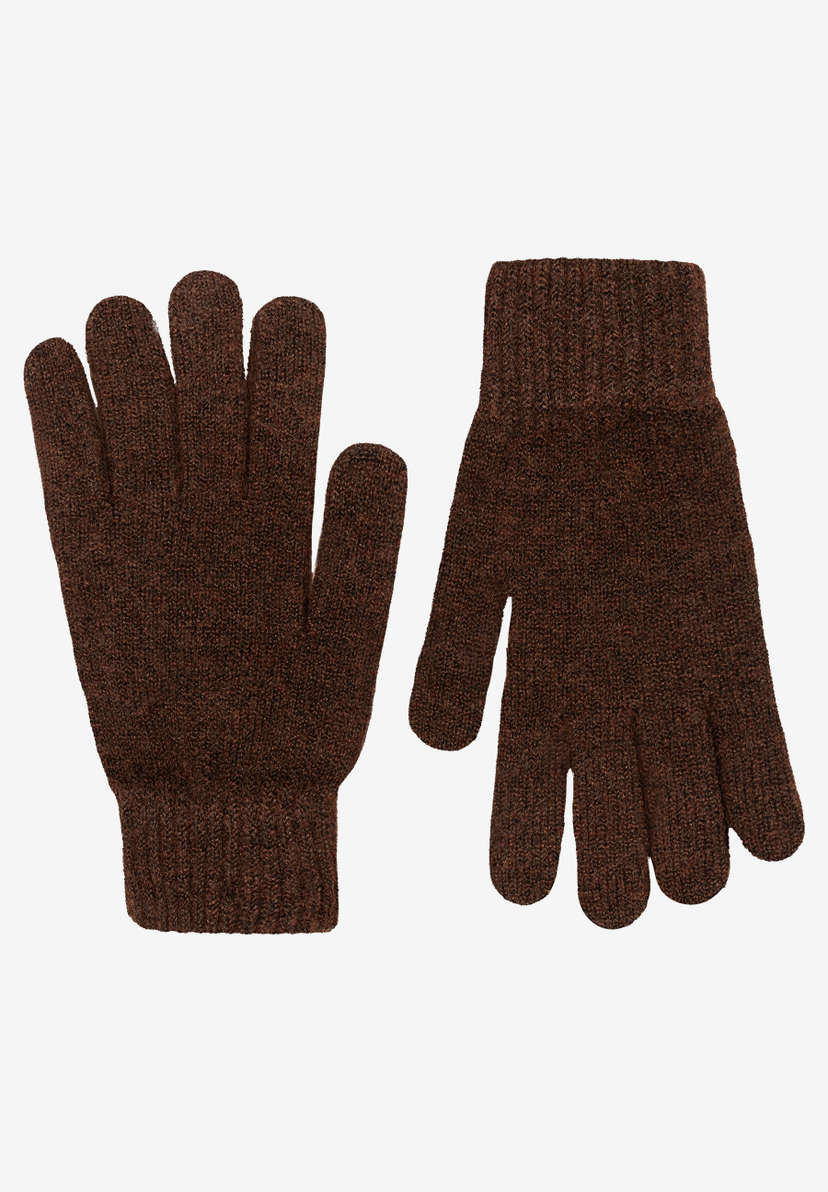 Ein Paar braune MORE & MORE Strickhandschuhe liegen auf weißem Hintergrund. Ein Paar braune MORE & MORE Strickhandschuhe liegen auf weißem Hintergrund.