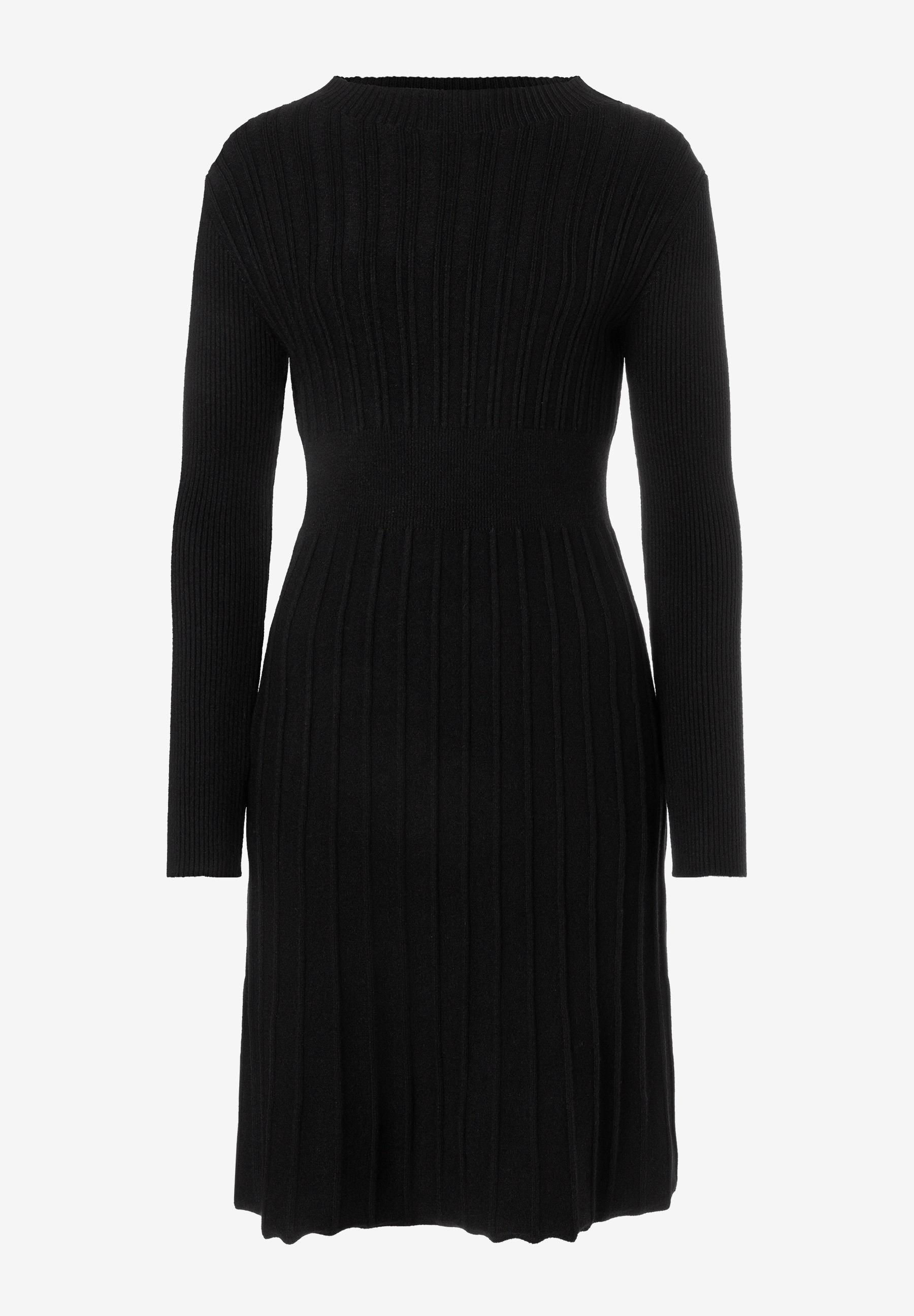MORE & MORE schwarzes Strickkleid mit langen Ärmeln und Rundhalsausschnitt auf weißem Hintergrund