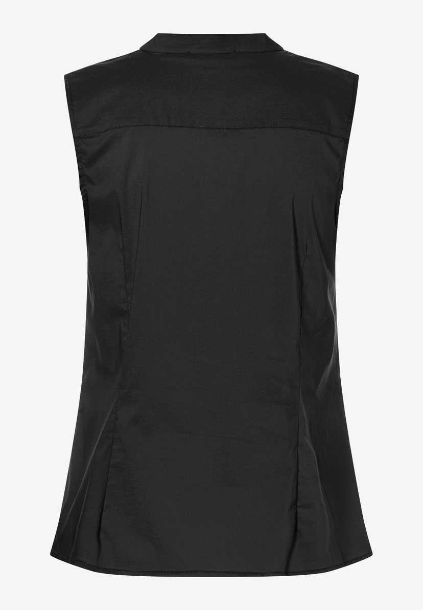 MORE & MORE schwarze ärmellose Bluse, Kragen, Knopfleiste, lockerer Schnitt, leicht glänzender Stoff. MORE & MORE schwarze ärmellose Bluse, Kragen, Knopfleiste, lockerer Schnitt, leicht glänzender Stoff.