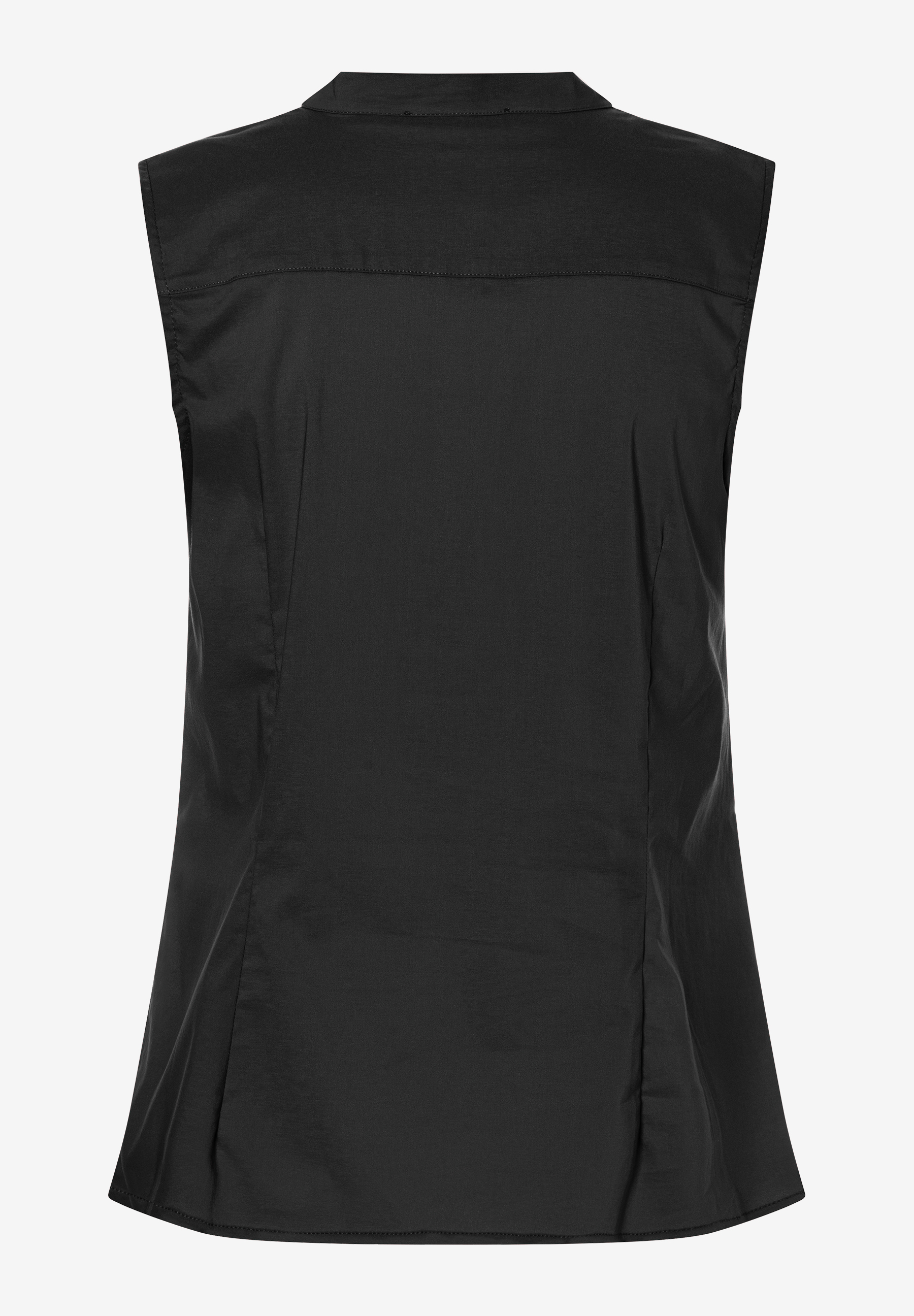 MORE & MORE schwarze ärmellose Bluse, Kragen, Knopfleiste, lockerer Schnitt, leicht glänzender Stoff. MORE & MORE schwarze ärmellose Bluse, Kragen, Knopfleiste, lockerer Schnitt, leicht glänzender Stoff.