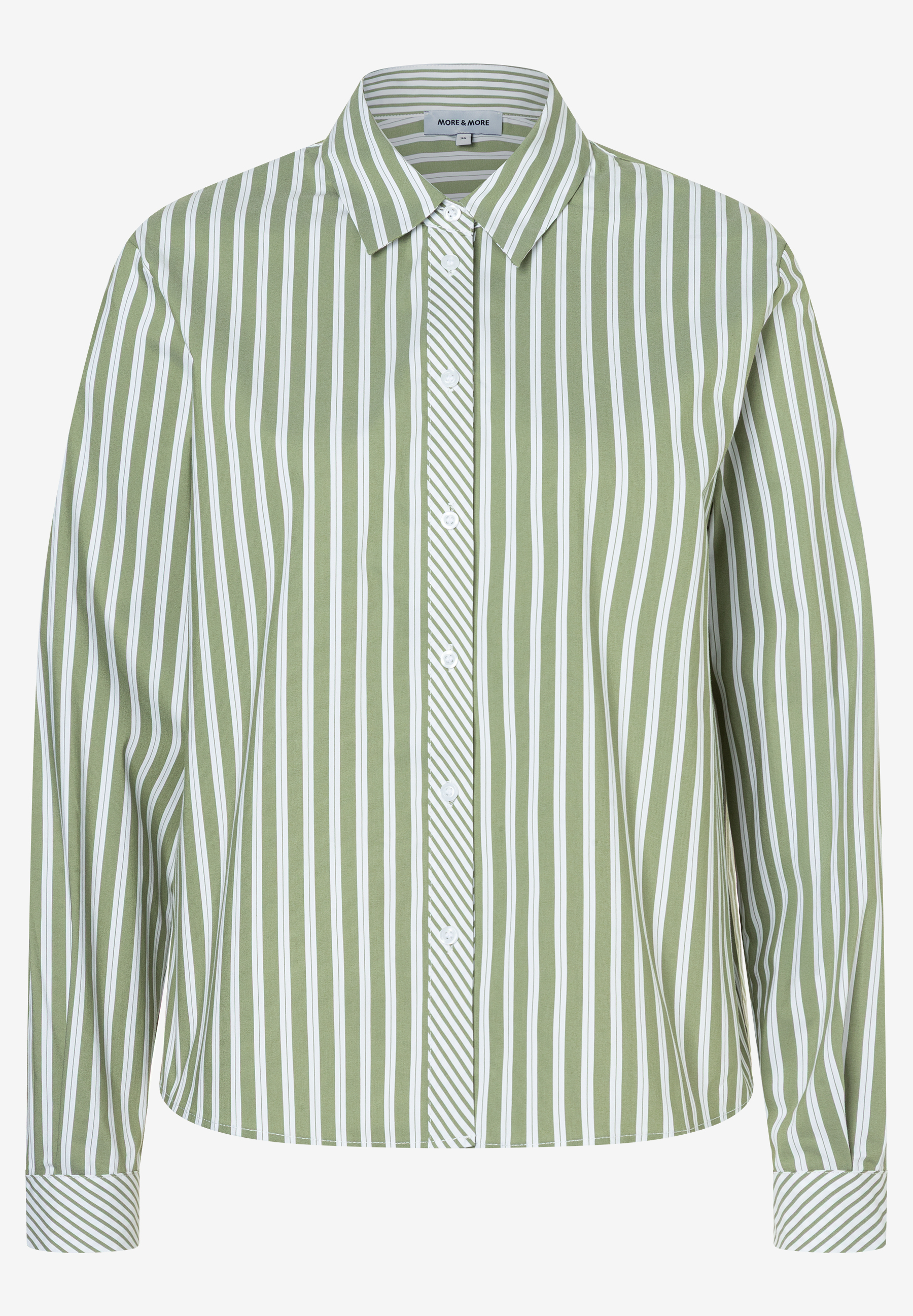 Eine MORE & MORE Bluse mit grünen und weißen Streifen, langen Ärmeln und Knöpfen. Eine MORE & MORE Bluse mit grünen und weißen Streifen, langen Ärmeln und Knöpfen.