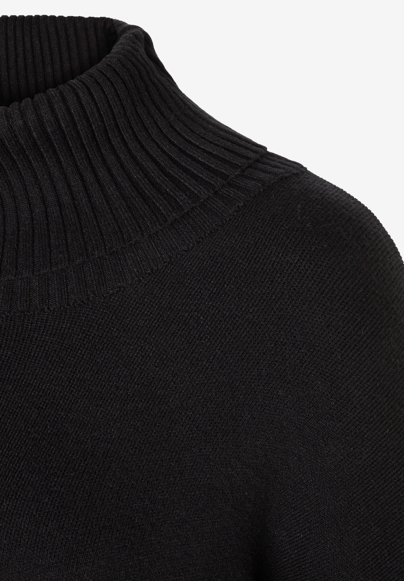 MORE & MORE schwarzer Rippstrick-Pullover mit Rollkragen, Detailansicht auf Schulter und Halsbereich, Pullovers & Strickwaren