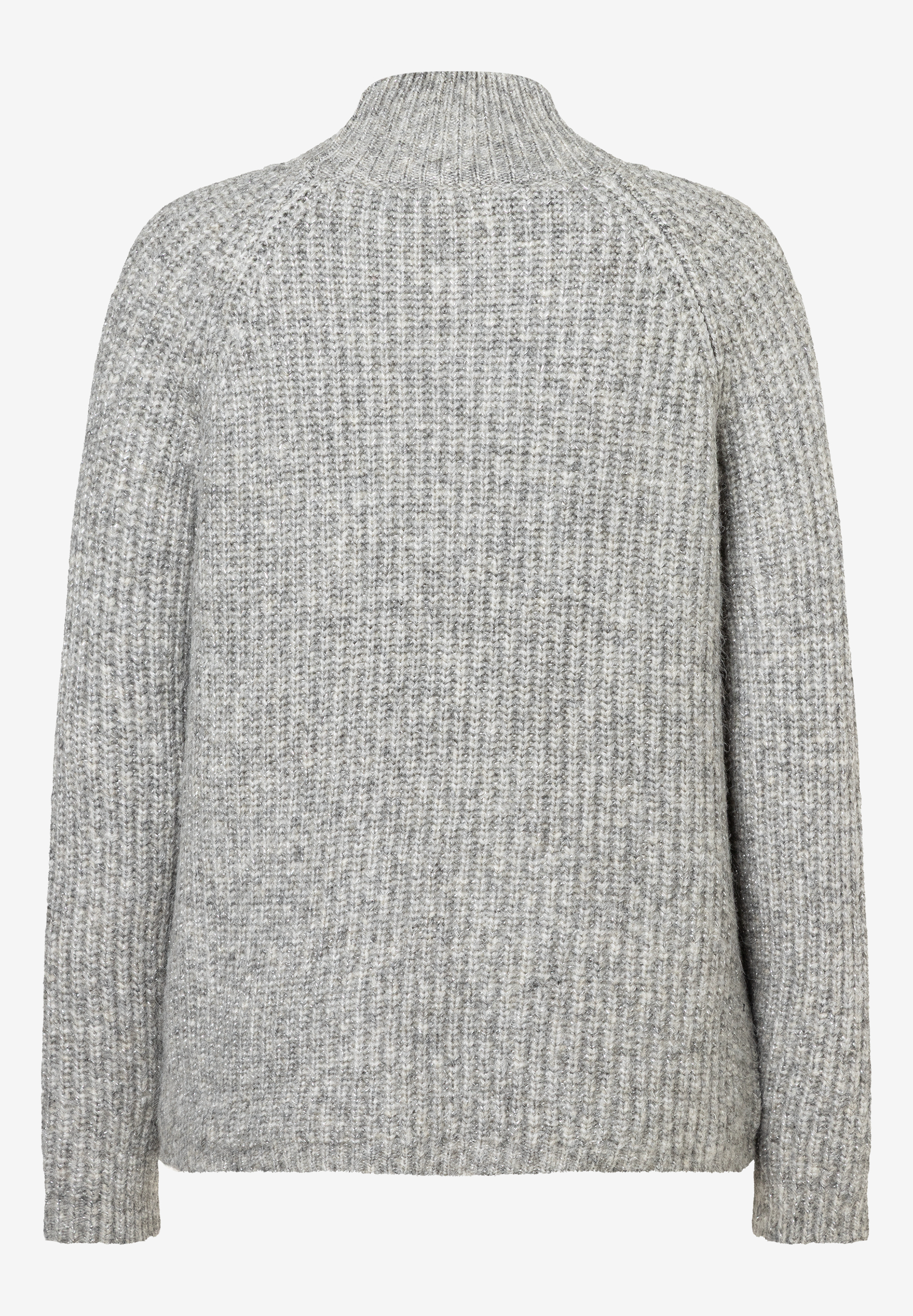 Rückenansicht eines grauen MORE & MORE Strickpullovers mit Stehkragen und langen Ärmeln. Rückenansicht eines grauen MORE & MORE Strickpullovers mit Stehkragen und langen Ärmeln.