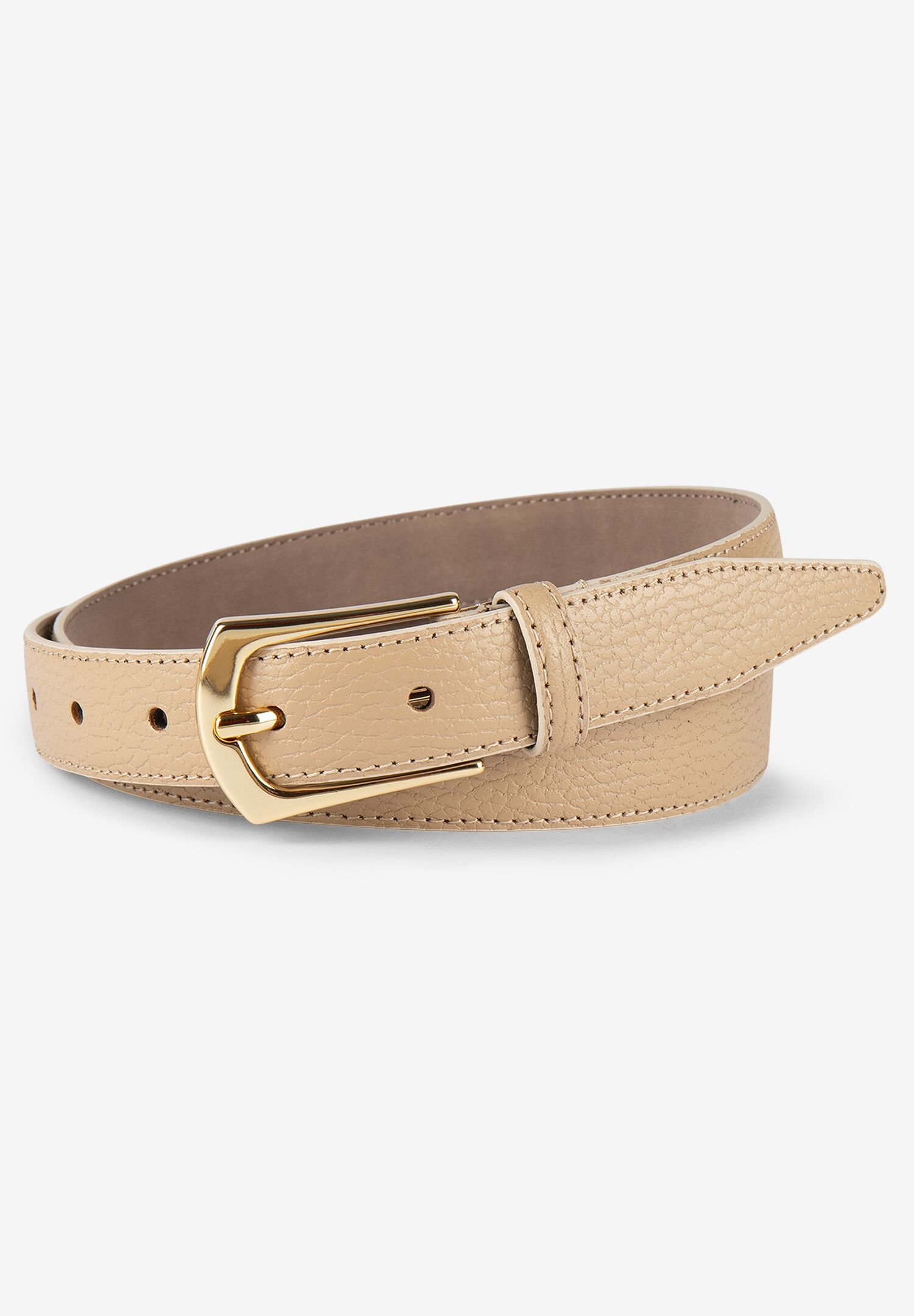 Ein goldfarbener MORE & MORE Echtledergürtel liegt auf einem weißen Hintergrund. Ein goldfarbener MORE & MORE Echtledergürtel liegt auf einem weißen Hintergrund.