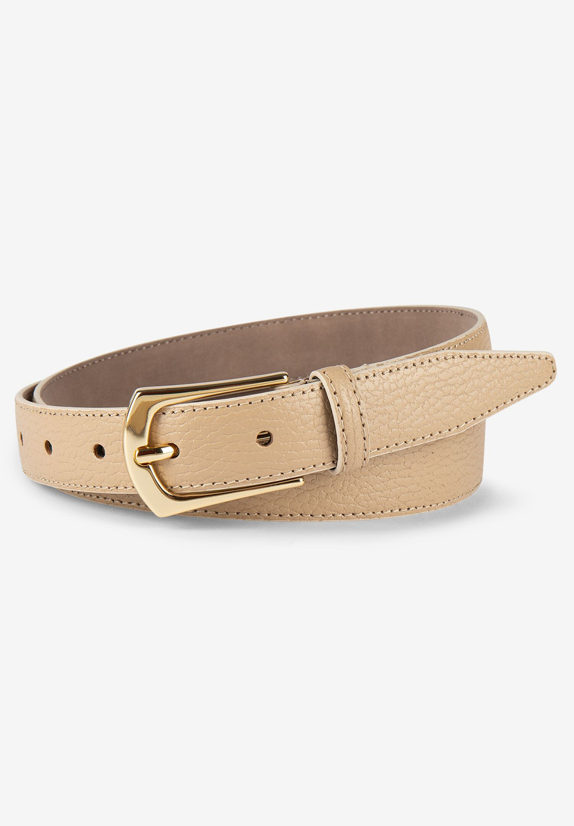 Ein goldfarbener MORE & MORE Echtledergürtel liegt auf einem weißen Hintergrund. Ein goldfarbener MORE & MORE Echtledergürtel liegt auf einem weißen Hintergrund.