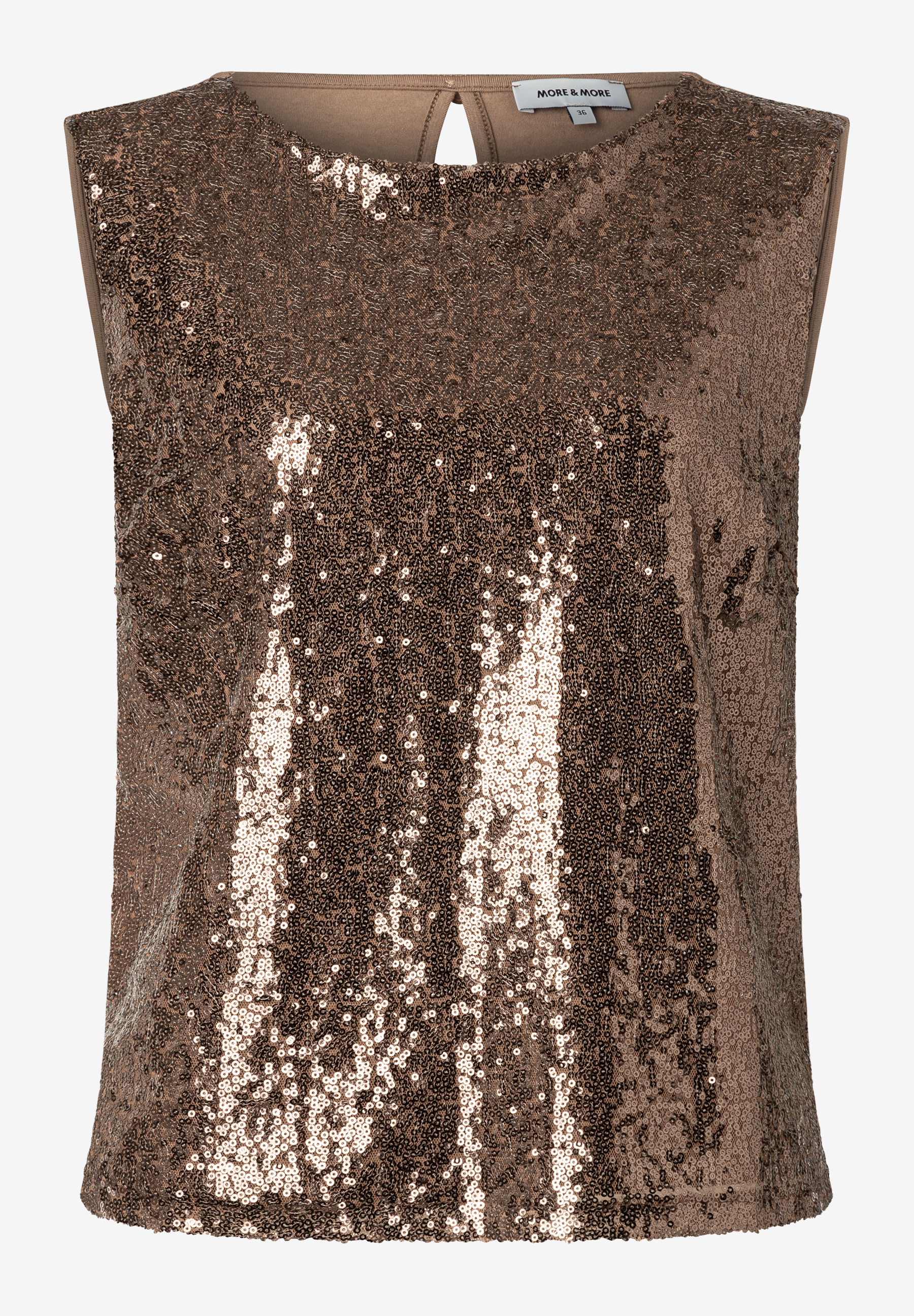 Ärmelloses, braunes Pailletten-Top von MORE & MORE mit Jersey-Material für angenehmen Tragekomfort. Ärmelloses, braunes Pailletten-Top von MORE & MORE mit Jersey-Material für angenehmen Tragekomfort.