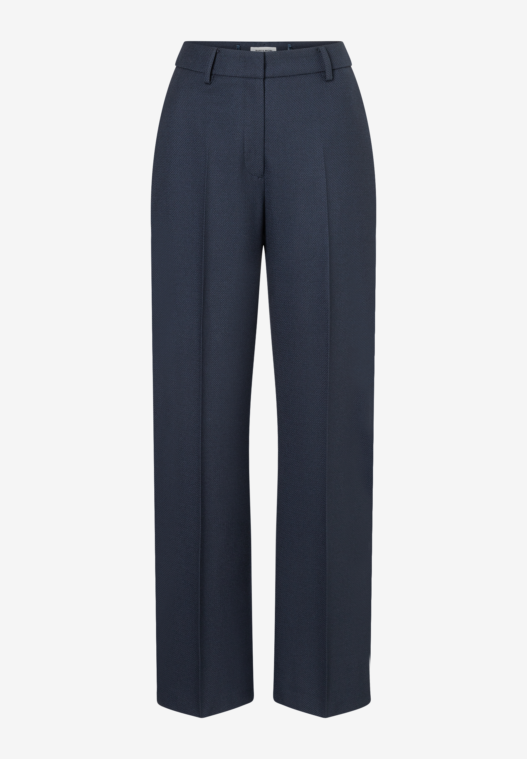 Eine marineblaue, formelle MORE & MORE Hose mit weitem Bein vor einem weißen Hintergrund. Eine marineblaue, formelle MORE & MORE Hose mit weitem Bein vor einem weißen Hintergrund.