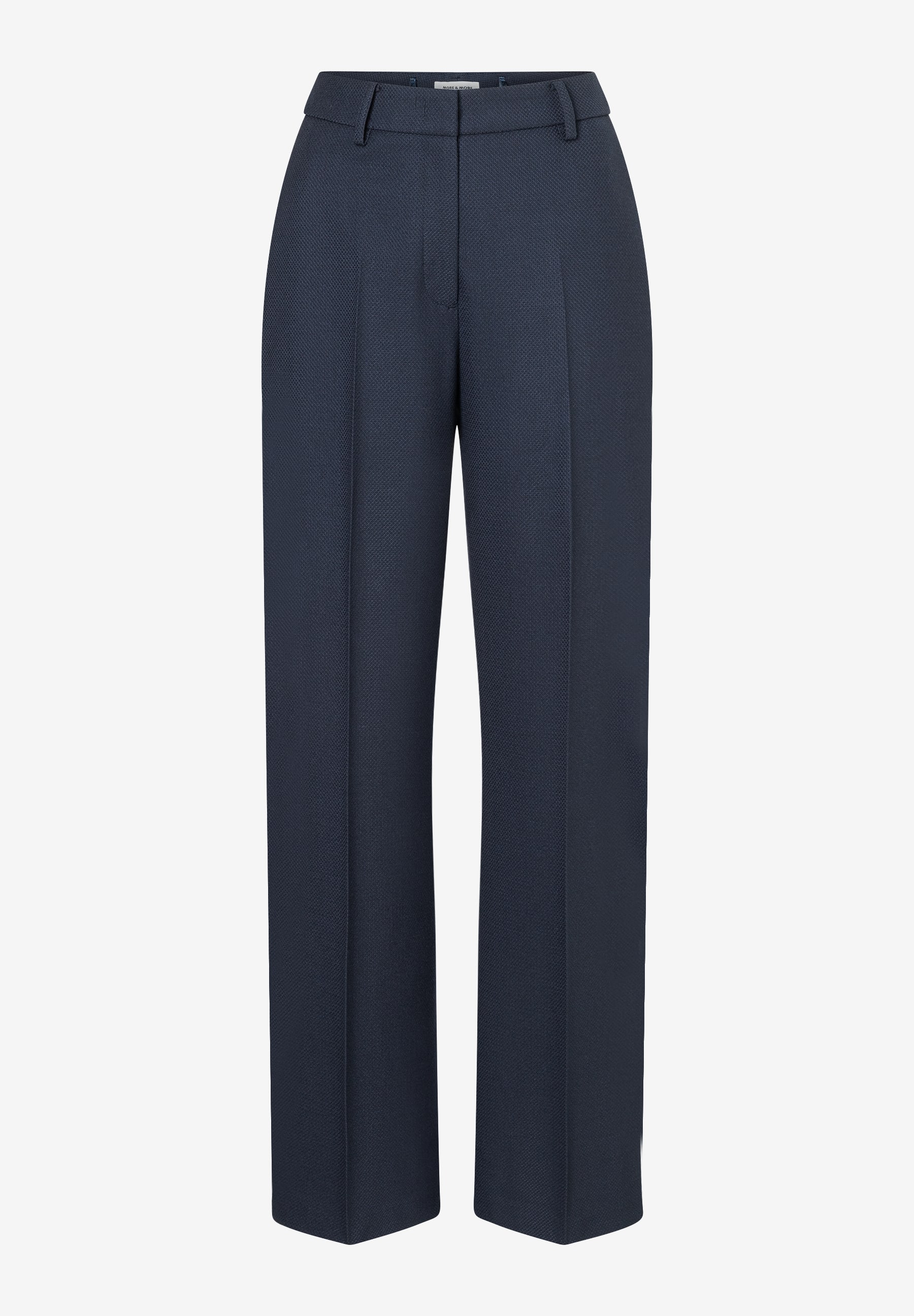 Eine marineblaue, formelle MORE & MORE Hose mit weitem Bein vor einem weißen Hintergrund. Eine marineblaue, formelle MORE & MORE Hose mit weitem Bein vor einem weißen Hintergrund.