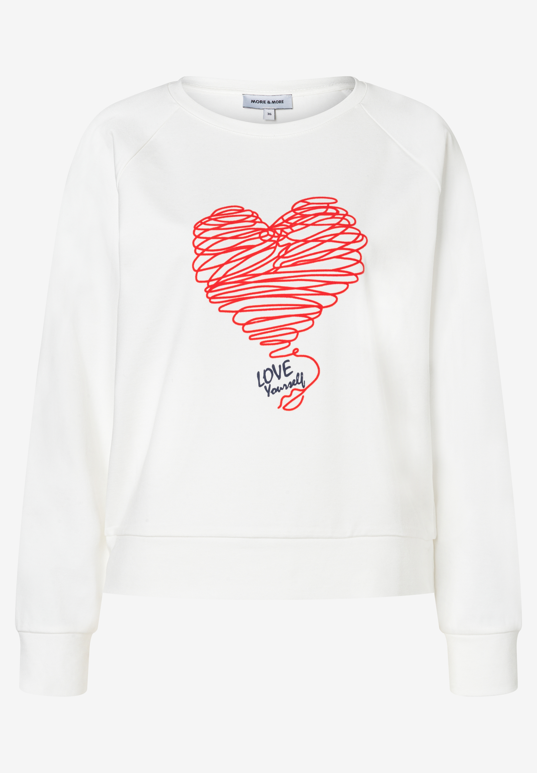 Ein weißes MORE & MORE Sweatshirt mit einem roten Herz aus Linien und dem Schriftzug 'Love Yourself'. Ein weißes MORE & MORE Sweatshirt mit einem roten Herz aus Linien und dem Schriftzug 'Love Yourself'.