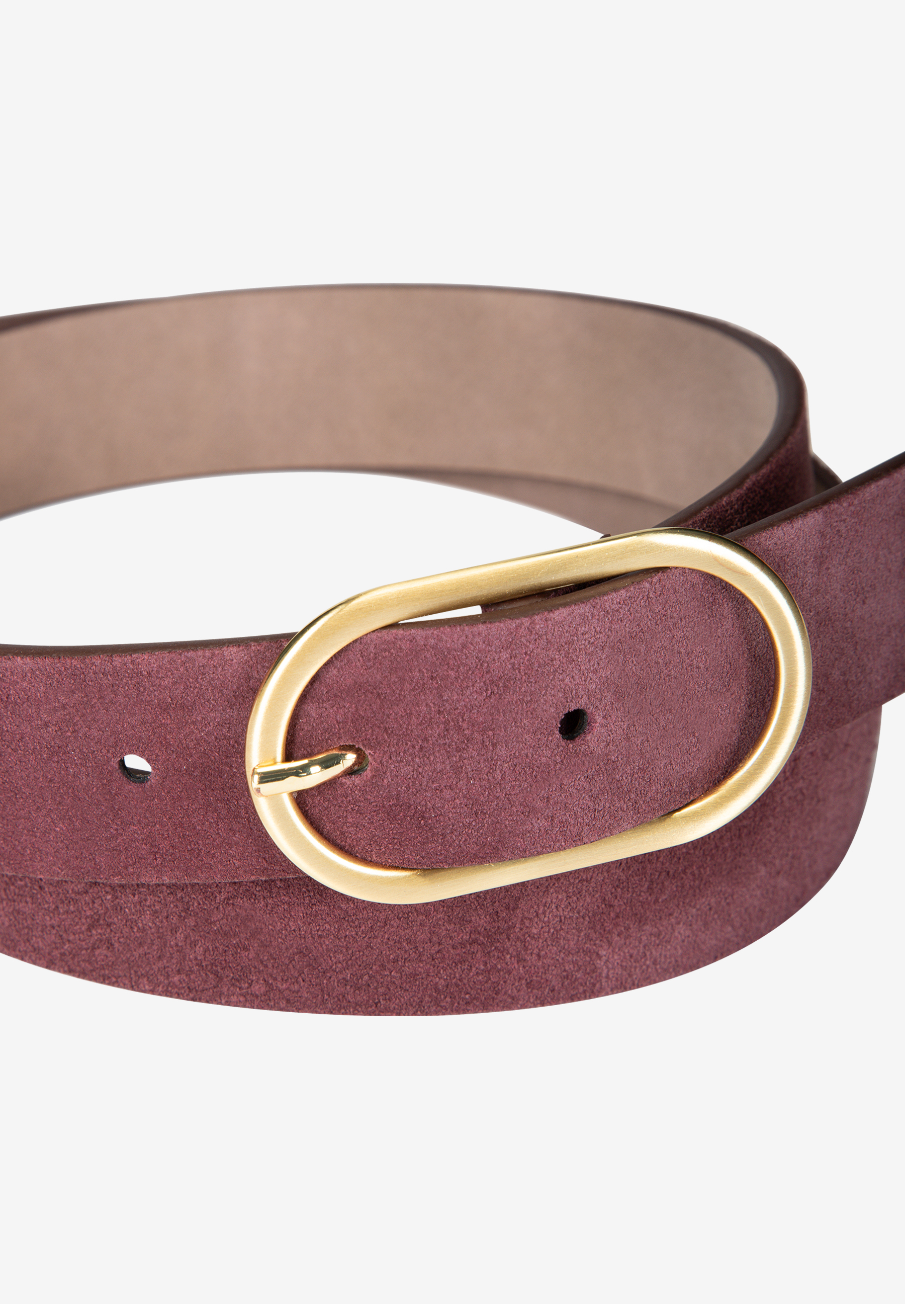 MORE & MORE Accessoire: Burgundroter Ledergürtel mit goldener ovaler Schnalle, aufgewickelt liegend. MORE & MORE Accessoire: Burgundroter Ledergürtel mit goldener ovaler Schnalle, aufgewickelt liegend.