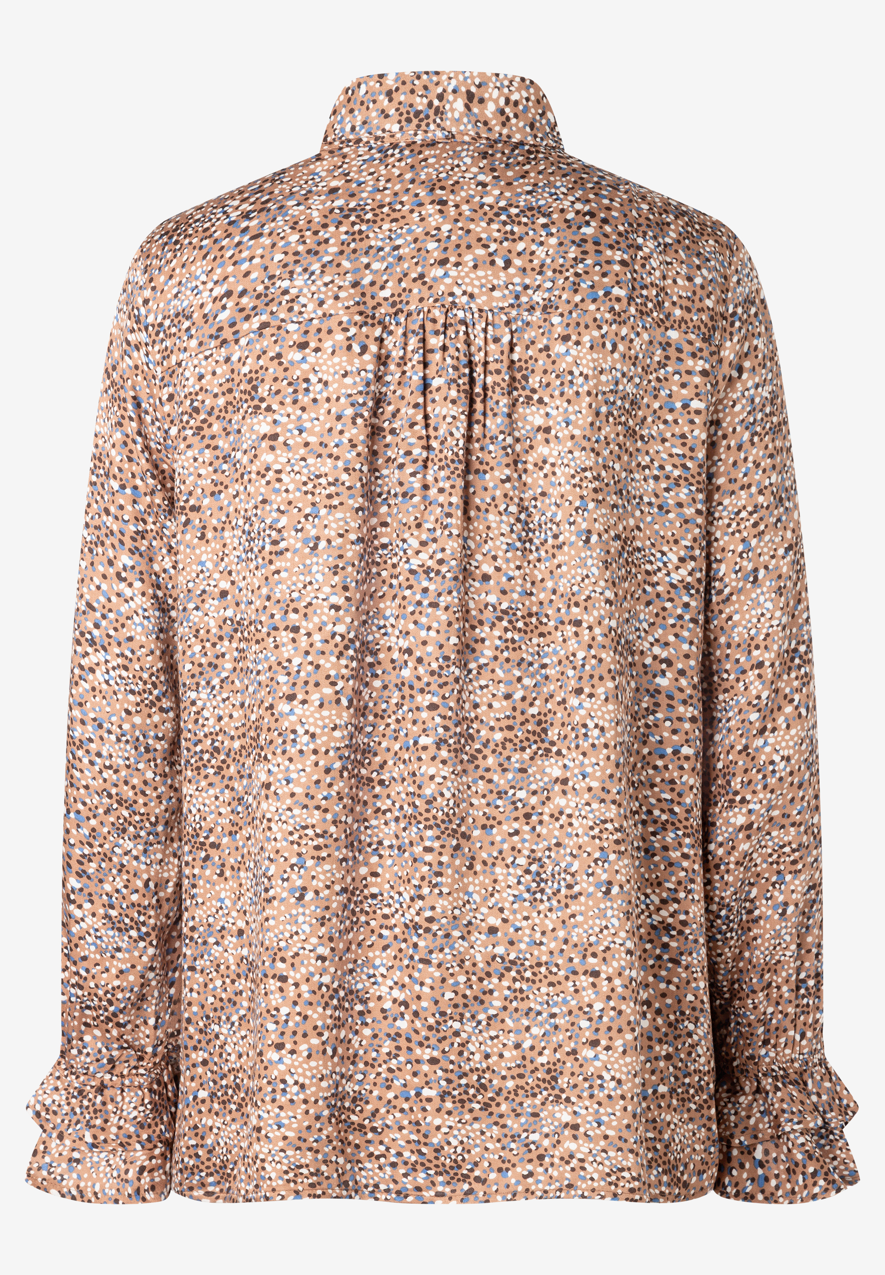MORE & MORE Damen-Bluse mit beigem Fleckenmuster, blauen, weißen und braunen Akzenten sowie Rüschenmanschetten. MORE & MORE Damen-Bluse mit beigem Fleckenmuster, blauen, weißen und braunen Akzenten sowie Rüschenmanschetten.
