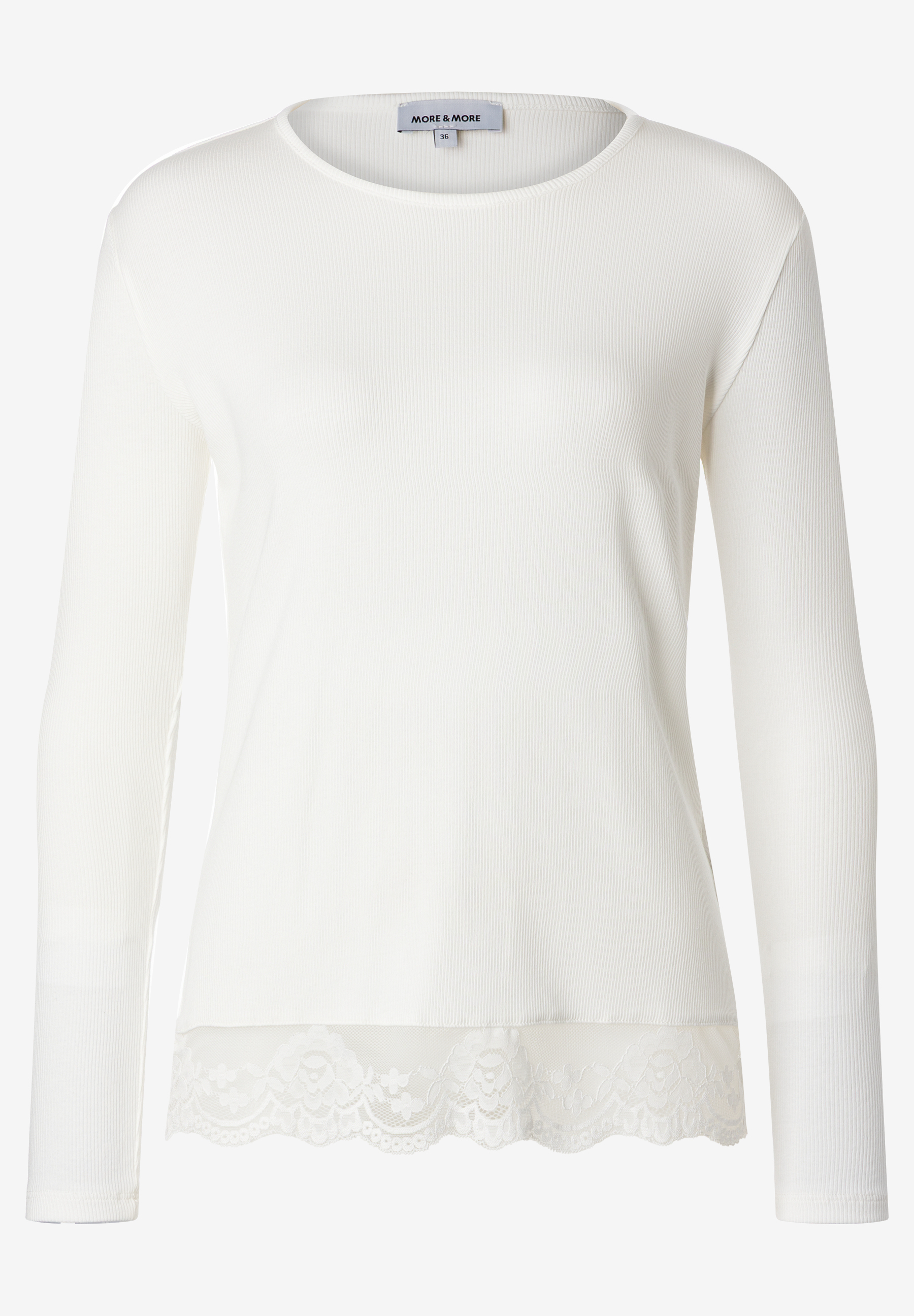 MORE & MORE Rippstrick-Shirt in Weiß mit Spitzenbesatz. Langärmeliges Damen-Top, ideal für den Alltag. MORE & MORE Rippstrick-Shirt in Weiß mit Spitzenbesatz. Langärmeliges Damen-Top, ideal für den Alltag.