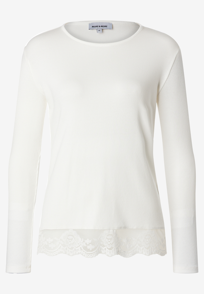 MORE & MORE Rippstrick-Shirt in Weiß mit Spitzenbesatz. Langärmeliges Damen-Top, ideal für den Alltag. MORE & MORE Rippstrick-Shirt in Weiß mit Spitzenbesatz. Langärmeliges Damen-Top, ideal für den Alltag.