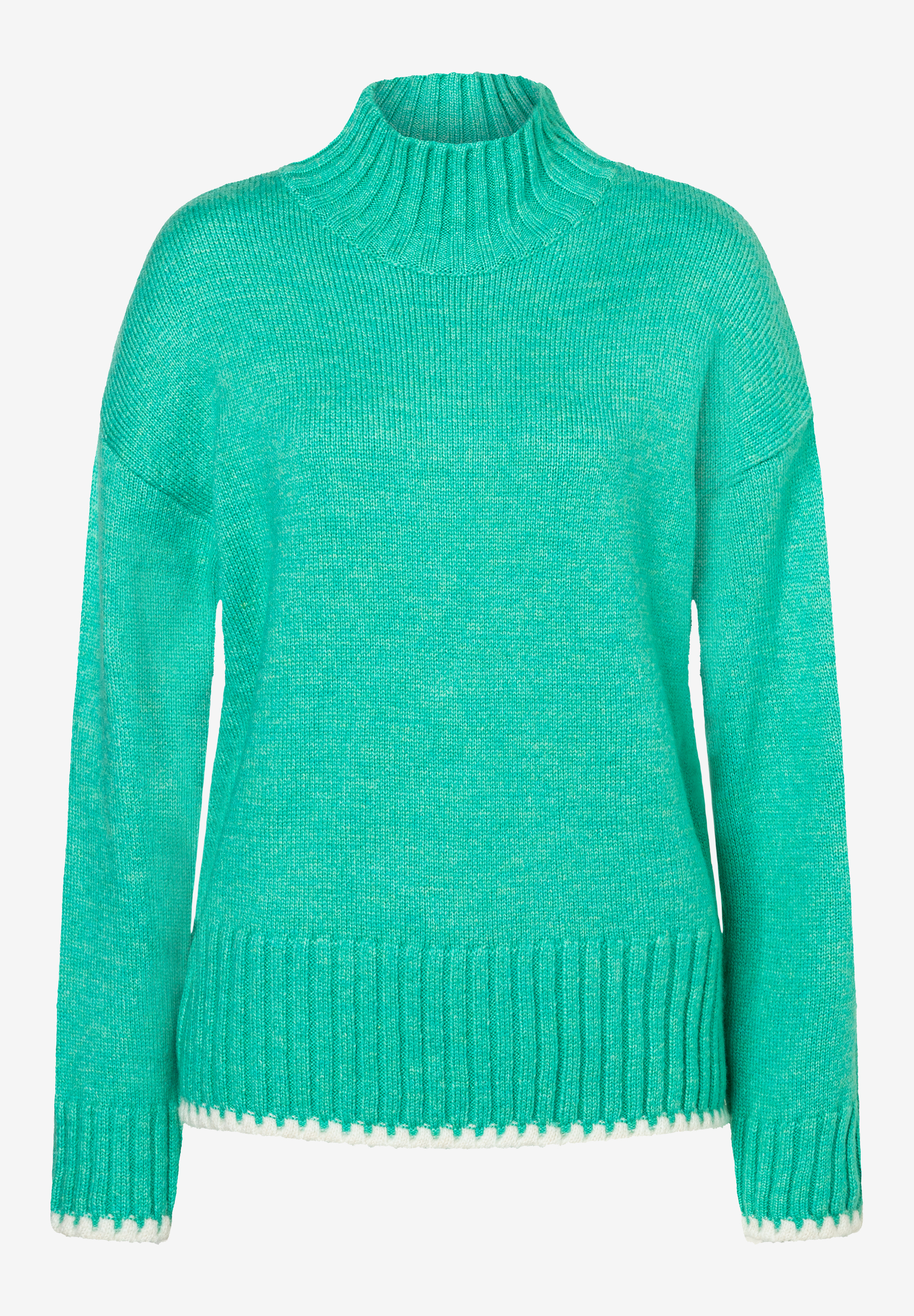Ein grüner Strickpullover von MORE & MORE mit hohem Kragen und weißem Saum. Ein grüner Strickpullover von MORE & MORE mit hohem Kragen und weißem Saum.