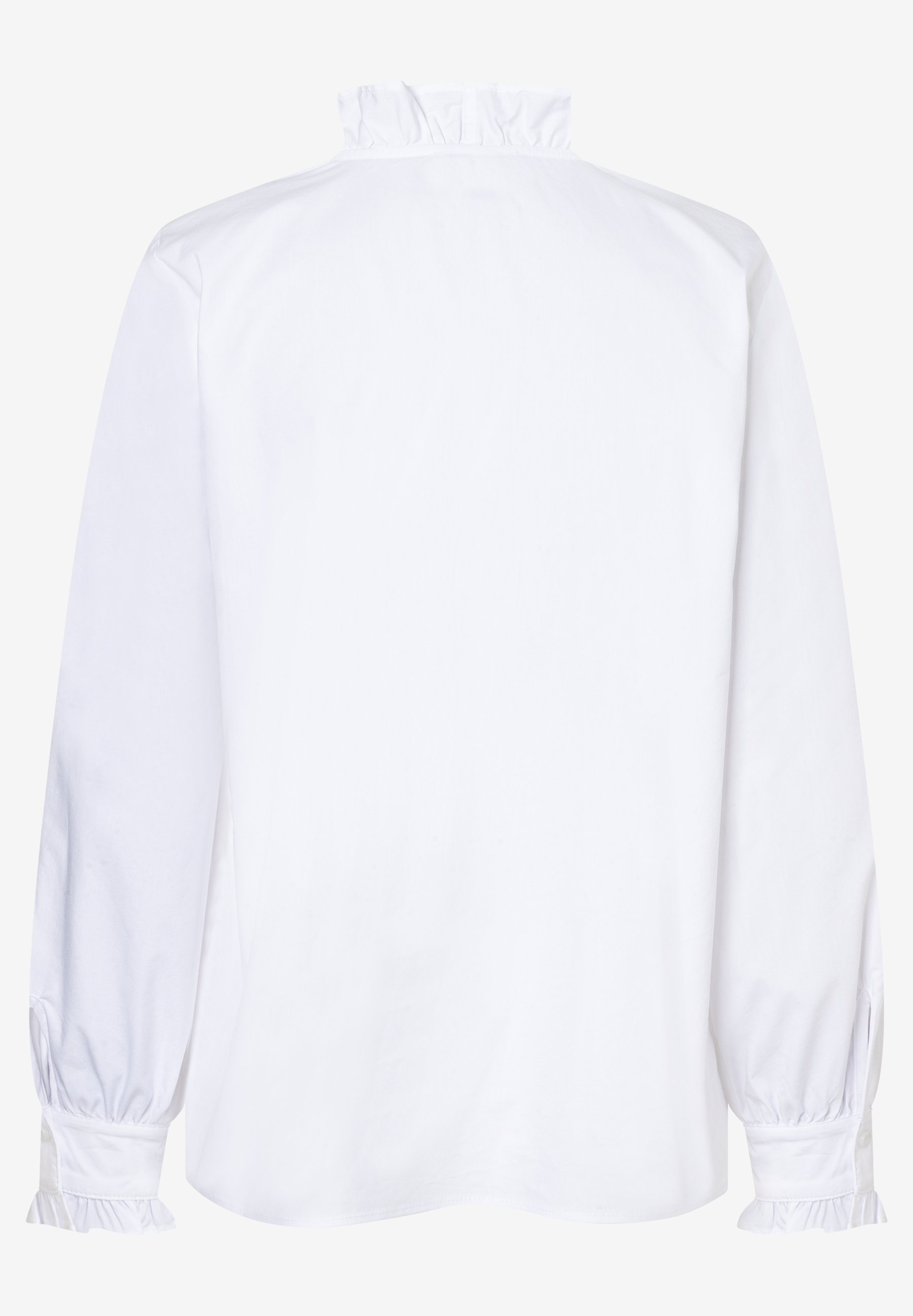 Die Rückseite einer weißen MORE & MORE Bluse mit Rüschen am Kragen und an den Manschetten. Die Rückseite einer weißen MORE & MORE Bluse mit Rüschen am Kragen und an den Manschetten.