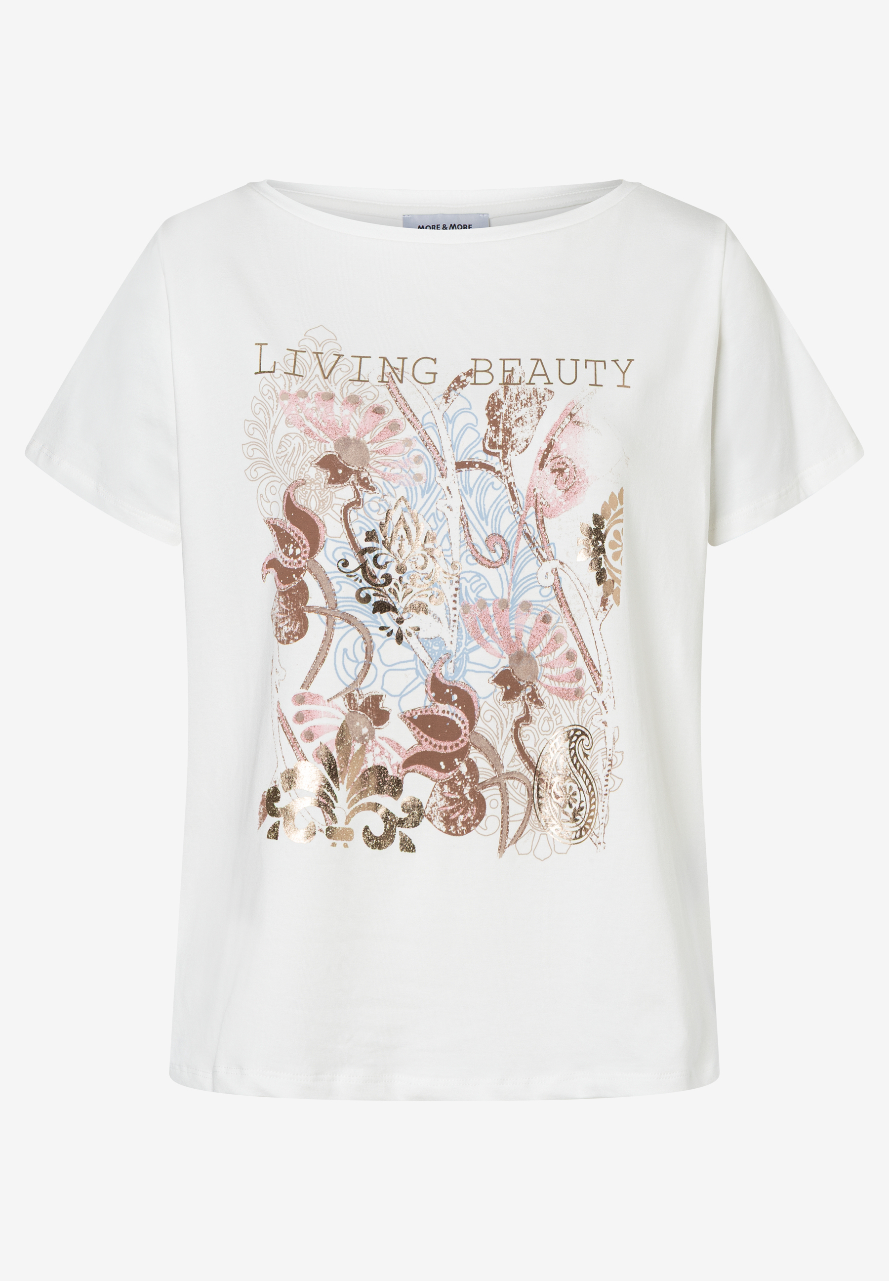MORE & MORE Jersey-T-Shirt in Weiß mit Blumenprint und goldener Aufschrift „LIVING BEAUTY“ MORE & MORE Jersey-T-Shirt in Weiß mit Blumenprint und goldener Aufschrift „LIVING BEAUTY“