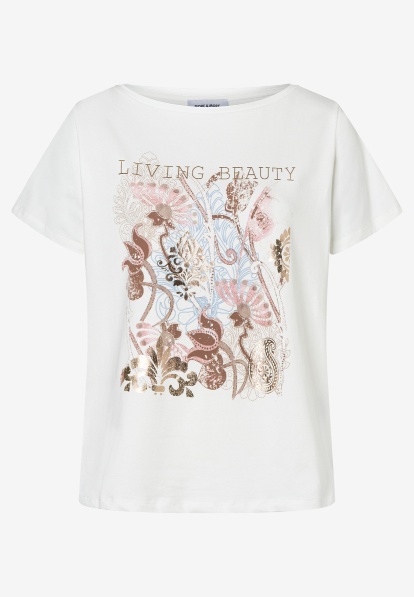 MORE & MORE Jersey-T-Shirt in Weiß mit Blumenprint und goldener Aufschrift „LIVING BEAUTY“ MORE & MORE Jersey-T-Shirt in Weiß mit Blumenprint und goldener Aufschrift „LIVING BEAUTY“