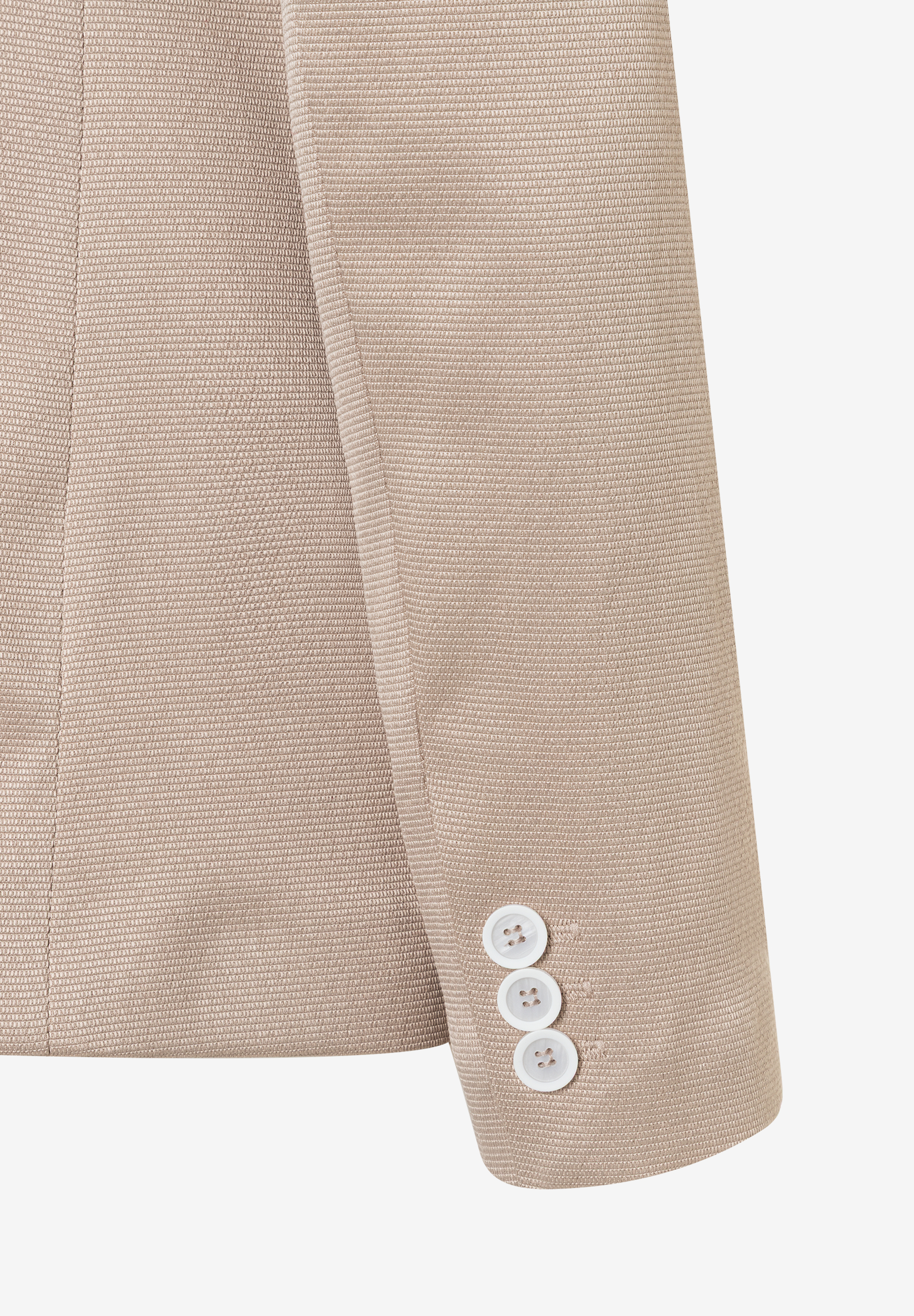 Detailansicht eines MORE & MORE Blazers mit drei weißen Knöpfen am Ärmel. Detailansicht eines MORE & MORE Blazers mit drei weißen Knöpfen am Ärmel.