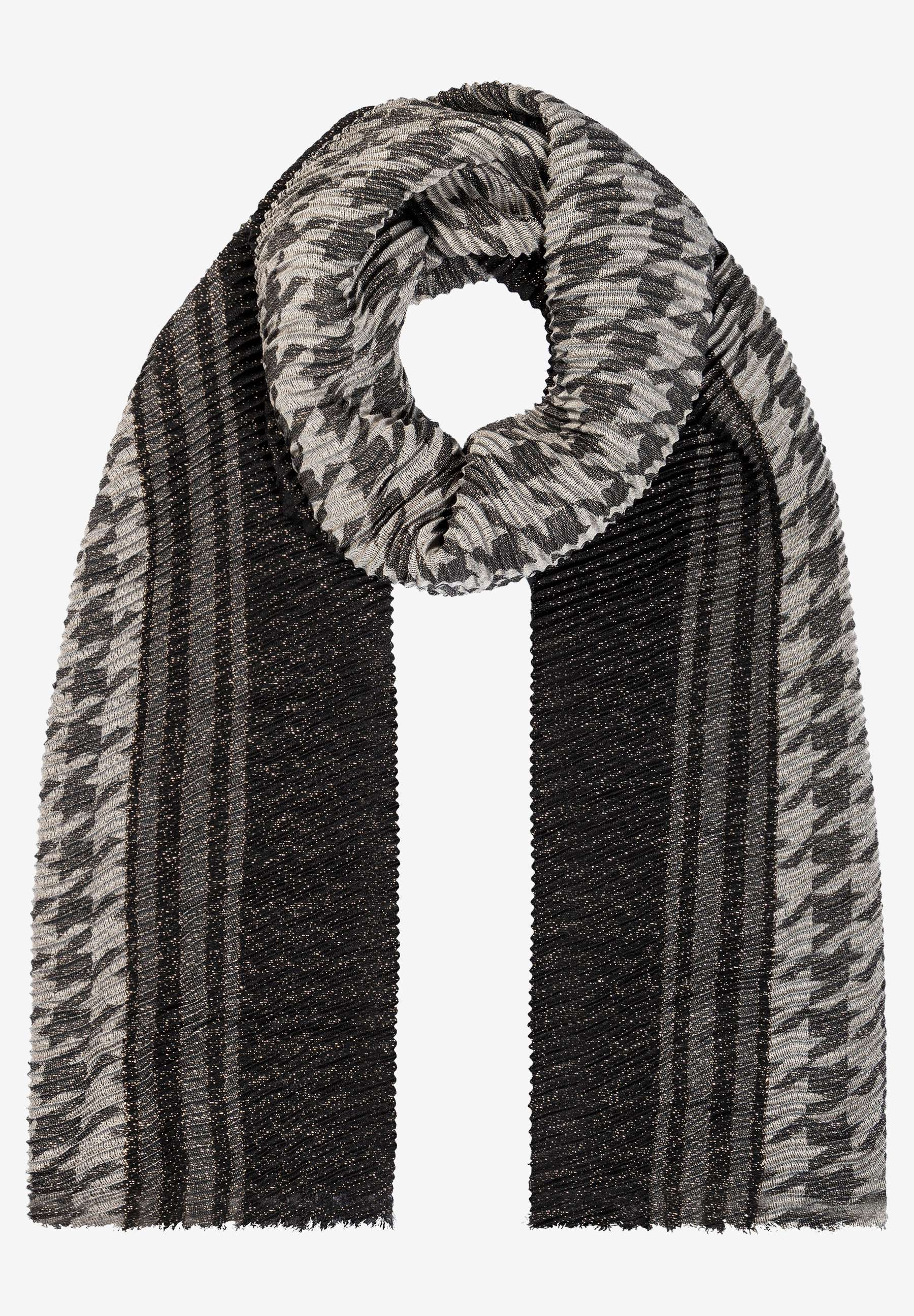 Ein MORE & MORE Accessoire: Ein plissierter Schal in Grau, Schwarz und Weiß ist kreisförmig drapiert. Ein MORE & MORE Accessoire: Ein plissierter Schal in Grau, Schwarz und Weiß ist kreisförmig drapiert.