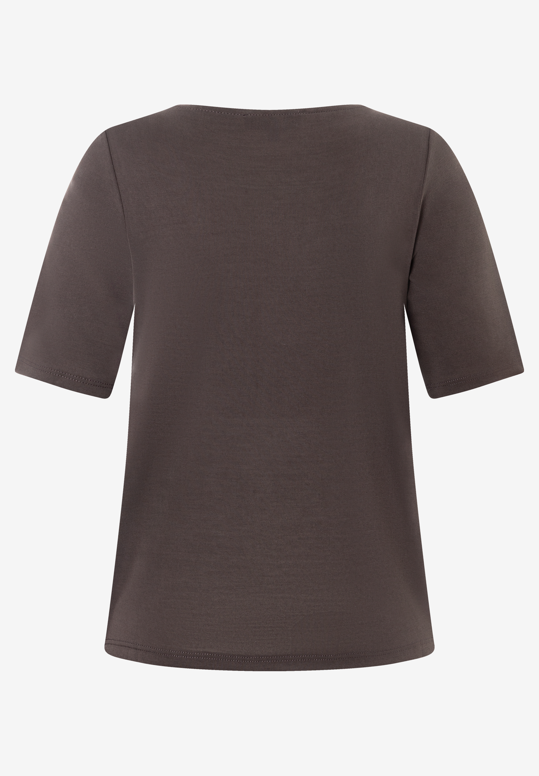 MORE & MORE T-Shirt aus softem Jersey in Dunkelbraun mit halblangen Ärmeln und U-Boot-Ausschnitt, Rückansicht. MORE & MORE T-Shirt aus softem Jersey in Dunkelbraun mit halblangen Ärmeln und U-Boot-Ausschnitt, Rückansicht.