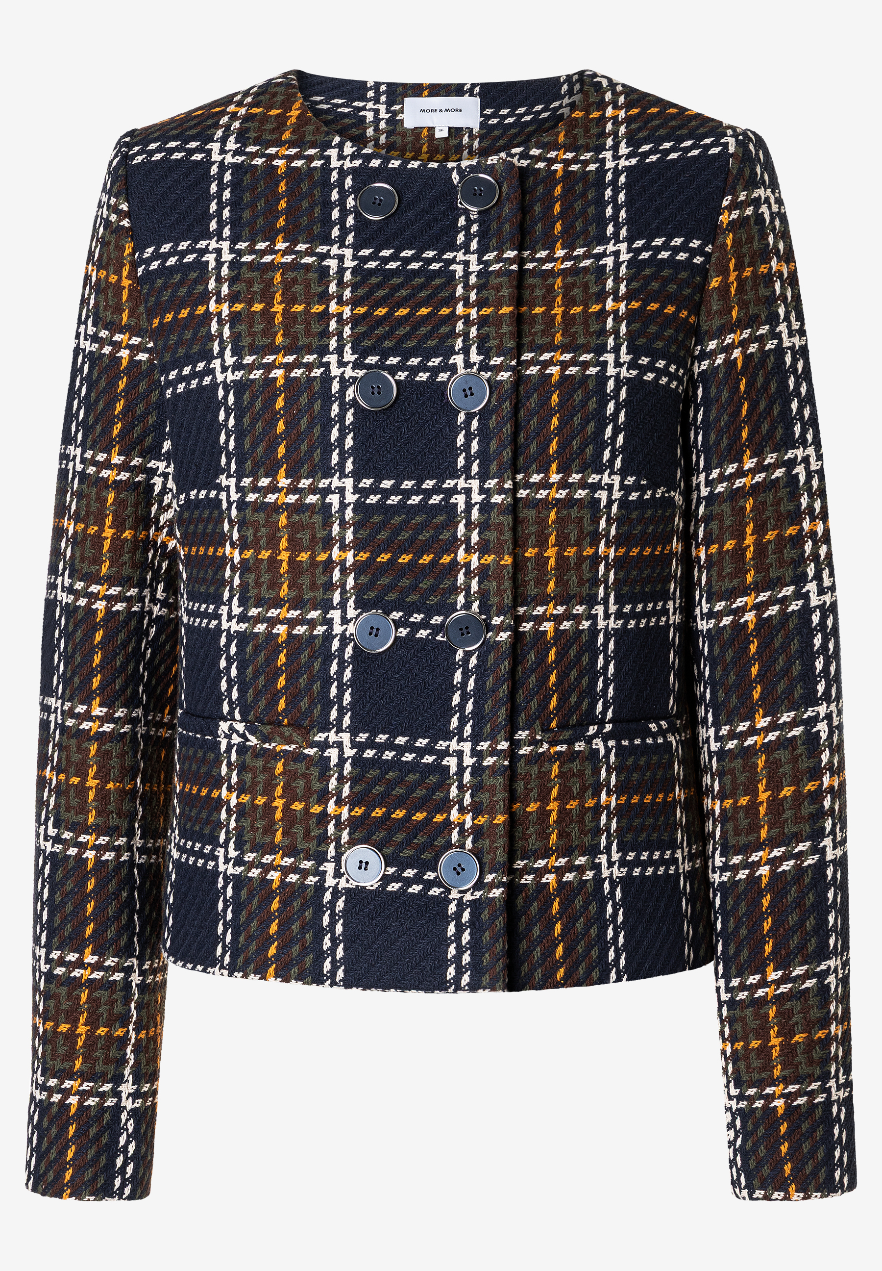 Ein karierter MORE & MORE Blazer mit langen Ärmeln und blauen Knöpfen. Ein karierter MORE & MORE Blazer mit langen Ärmeln und blauen Knöpfen.