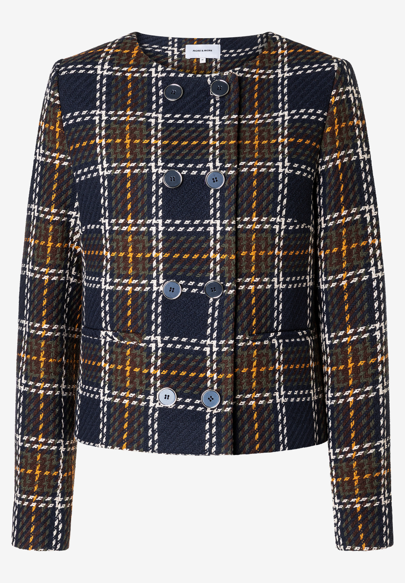 Ein karierter MORE & MORE Blazer mit langen Ärmeln und blauen Knöpfen. Ein karierter MORE & MORE Blazer mit langen Ärmeln und blauen Knöpfen.