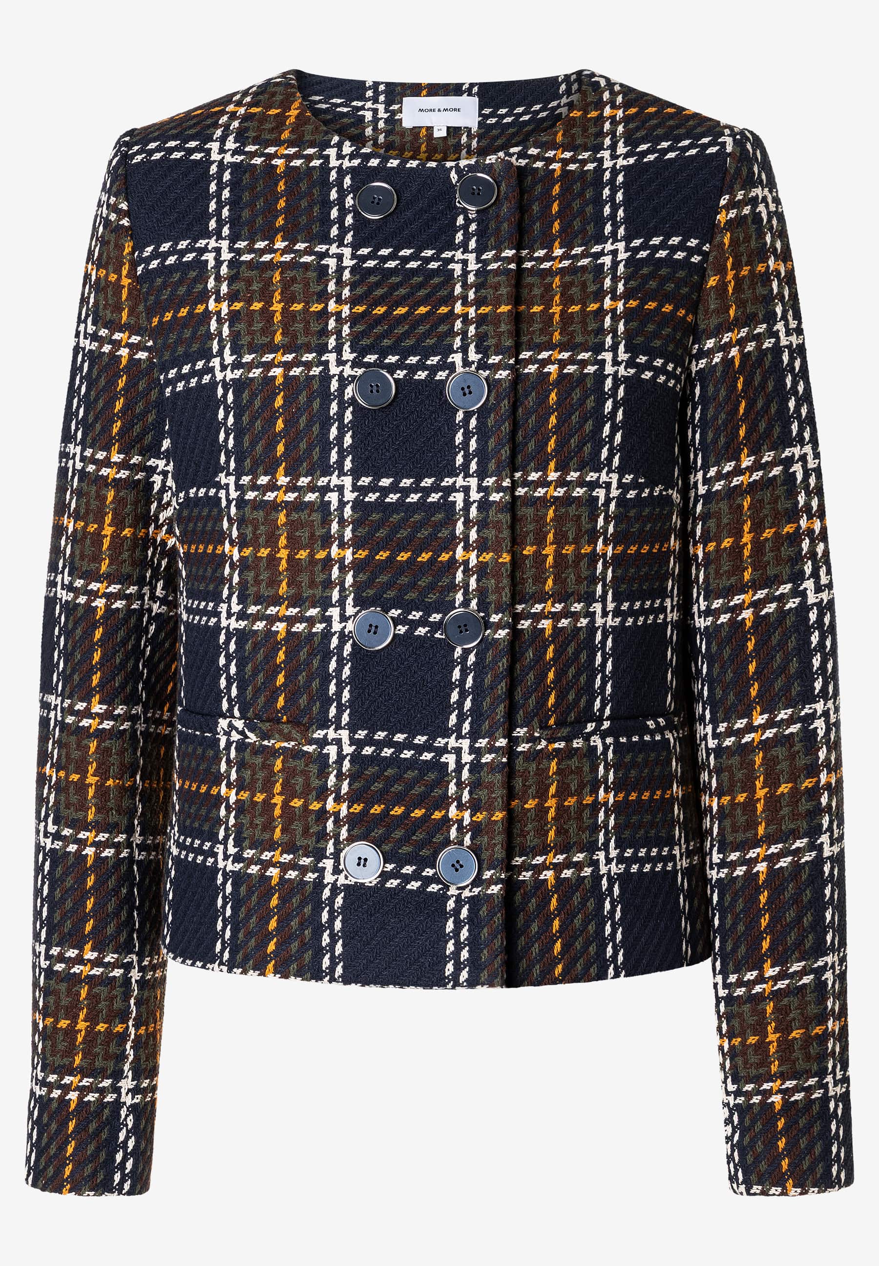 Ein karierter MORE & MORE Blazer mit langen Ärmeln und blauen Knöpfen. Ein karierter MORE & MORE Blazer mit langen Ärmeln und blauen Knöpfen.