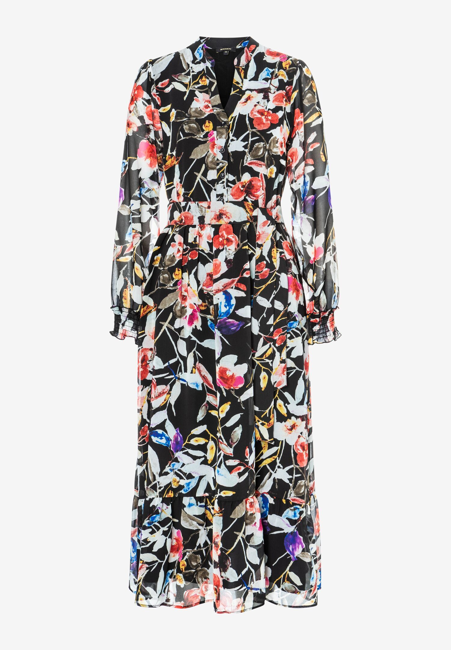 Ein MORE & MORE Oberteil mit floralem Chiffon-Muster auf schwarzem Grund. Das Kleid ist langärmlig und reicht bis zum Boden. Ein MORE & MORE Oberteil mit floralem Chiffon-Muster auf schwarzem Grund. Das Kleid ist langärmlig und reicht bis zum Boden.