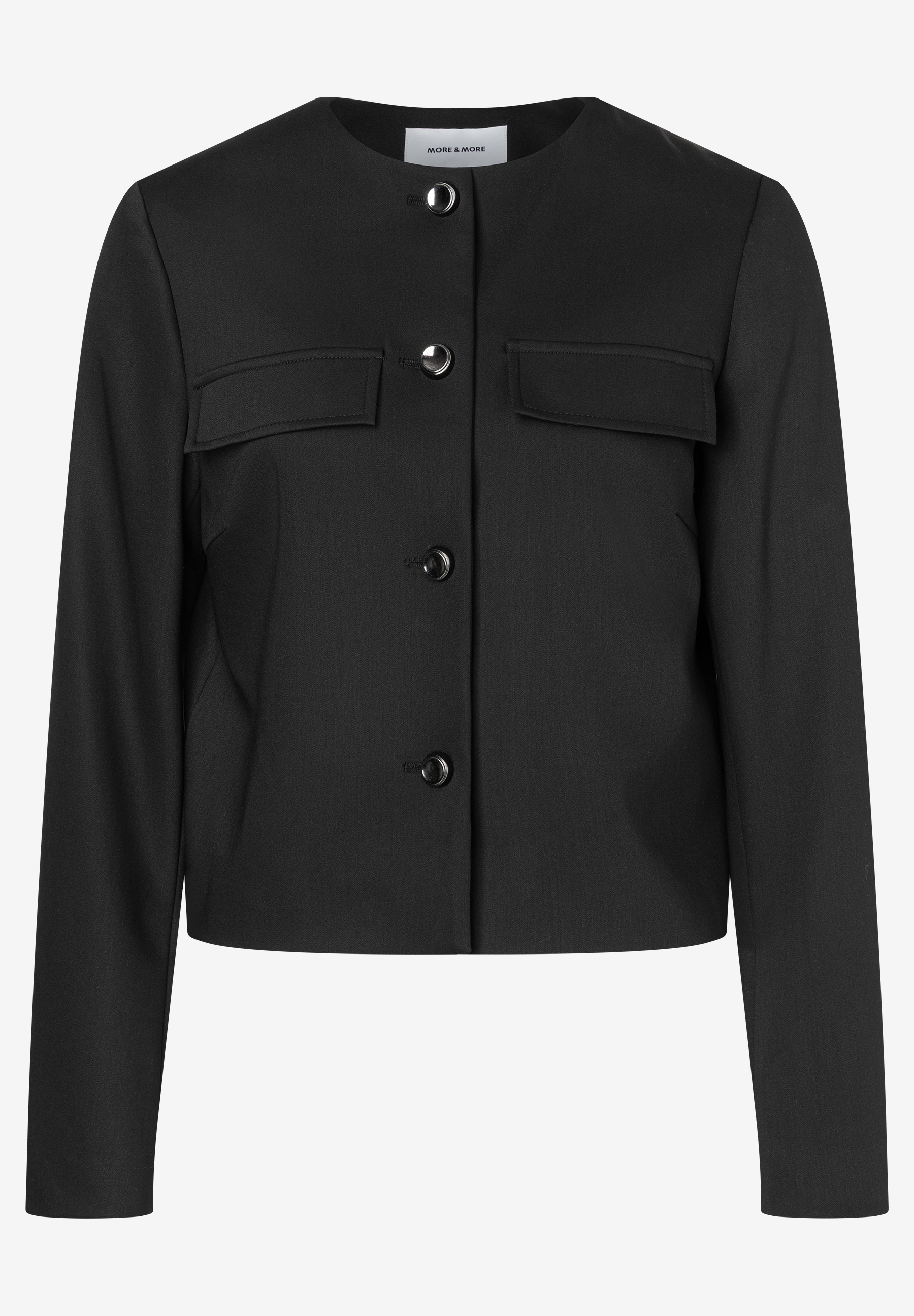 Schwarzer MORE & MORE Blazer mit langen Ärmeln, Knöpfen und zwei Taschen. Schwarzer MORE & MORE Blazer mit langen Ärmeln, Knöpfen und zwei Taschen.