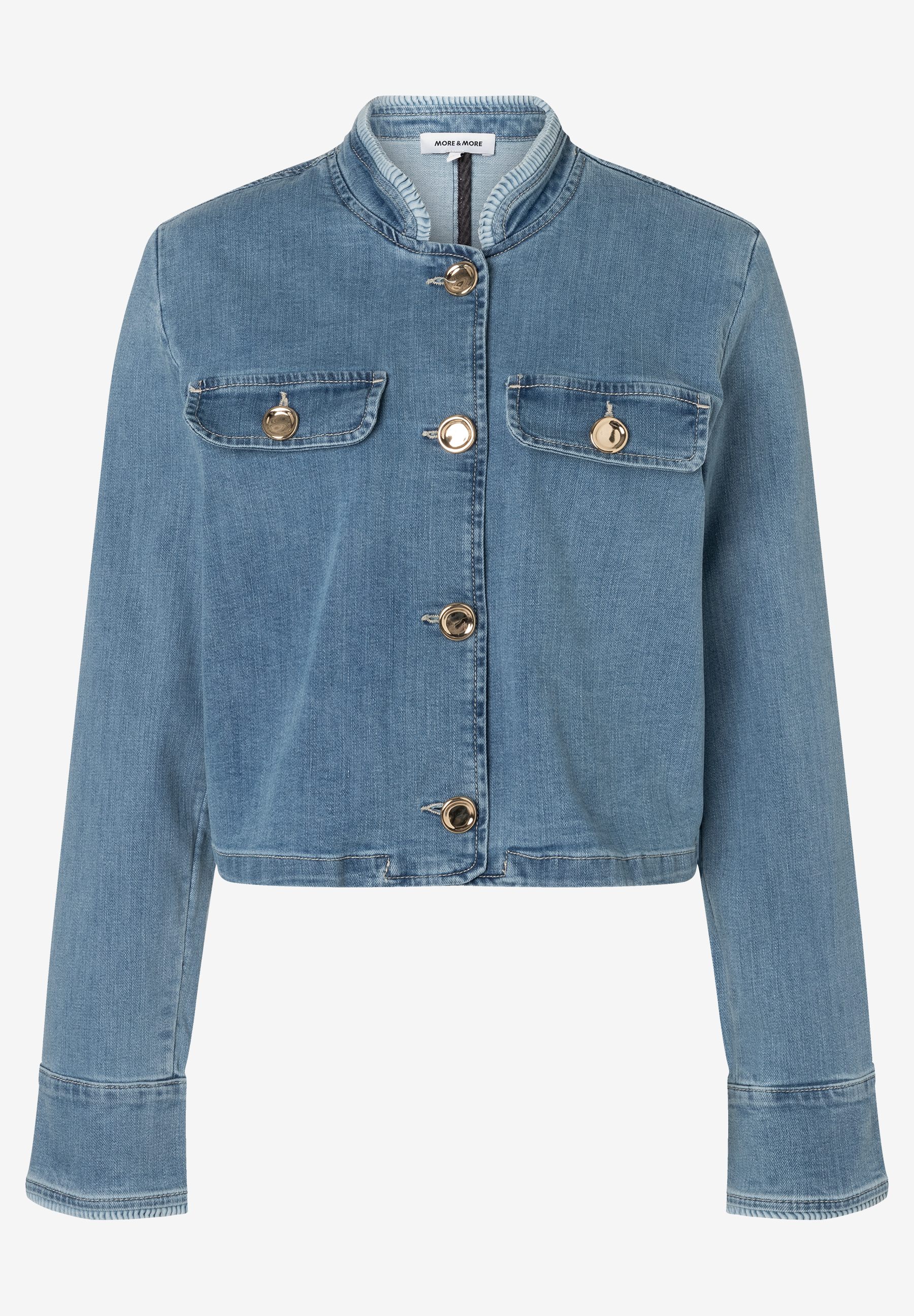 MORE & MORE Jeansjacke aus Denim, hautfreundlich und angenehm zu tragen, mit goldenen Knöpfen und zwei Brusttaschen. MORE & MORE Jeansjacke aus Denim, hautfreundlich und angenehm zu tragen, mit goldenen Knöpfen und zwei Brusttaschen.