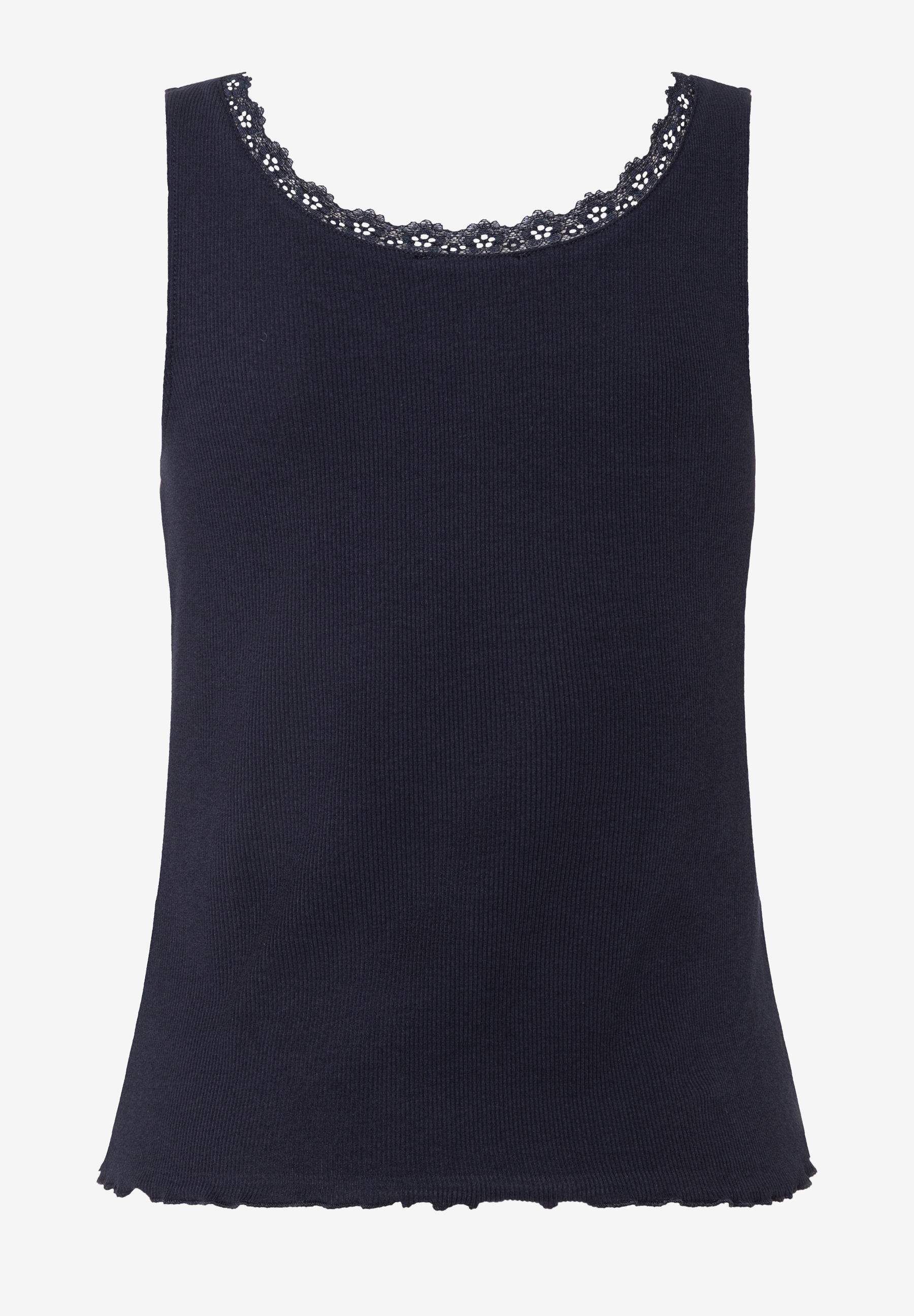 Ärmelloses MORE & MORE Top in Dunkelblau mit feiner Spitze am Halsausschnitt. Ärmelloses MORE & MORE Top in Dunkelblau mit feiner Spitze am Halsausschnitt.