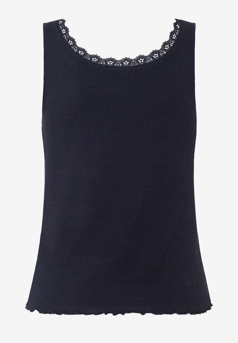Ärmelloses MORE & MORE Top in Dunkelblau mit feiner Spitze am Halsausschnitt. Ärmelloses MORE & MORE Top in Dunkelblau mit feiner Spitze am Halsausschnitt.