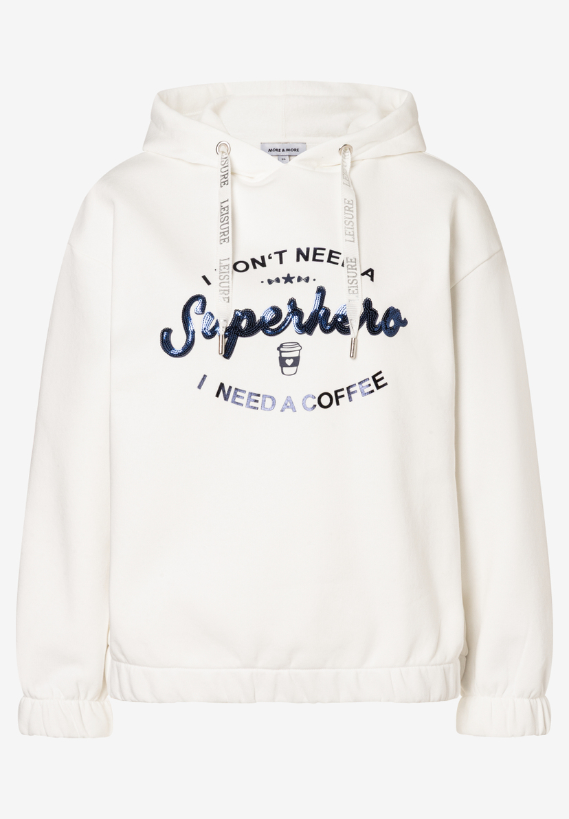 Ein MORE & MORE Sweatshirt mit Kapuze, weiß mit blauem "Superhero"-Schriftzug. Ein MORE & MORE Sweatshirt mit Kapuze, weiß mit blauem "Superhero"-Schriftzug.
