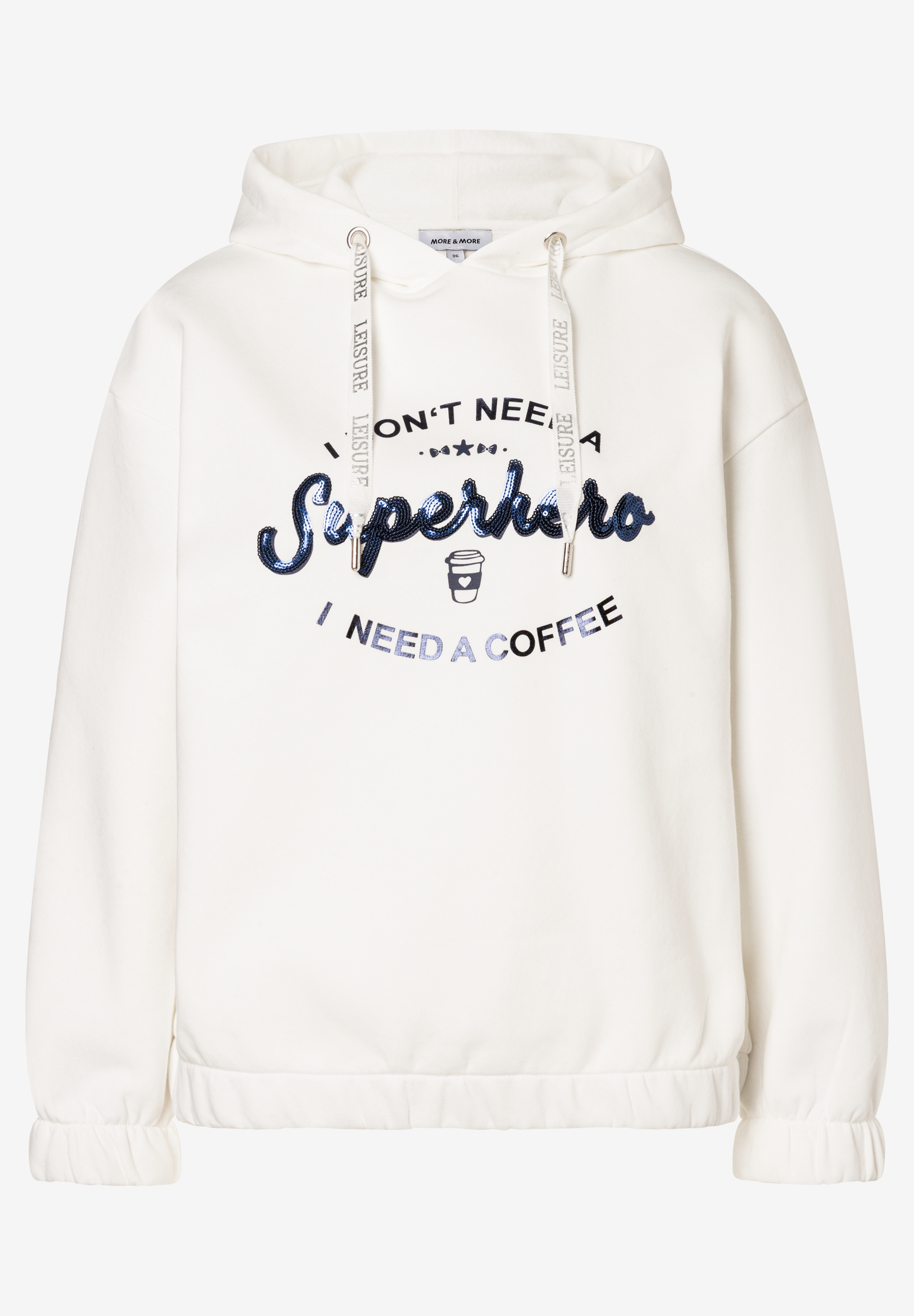 Ein MORE & MORE Sweatshirt mit Kapuze, weiß mit blauem "Superhero"-Schriftzug. Ein MORE & MORE Sweatshirt mit Kapuze, weiß mit blauem "Superhero"-Schriftzug.