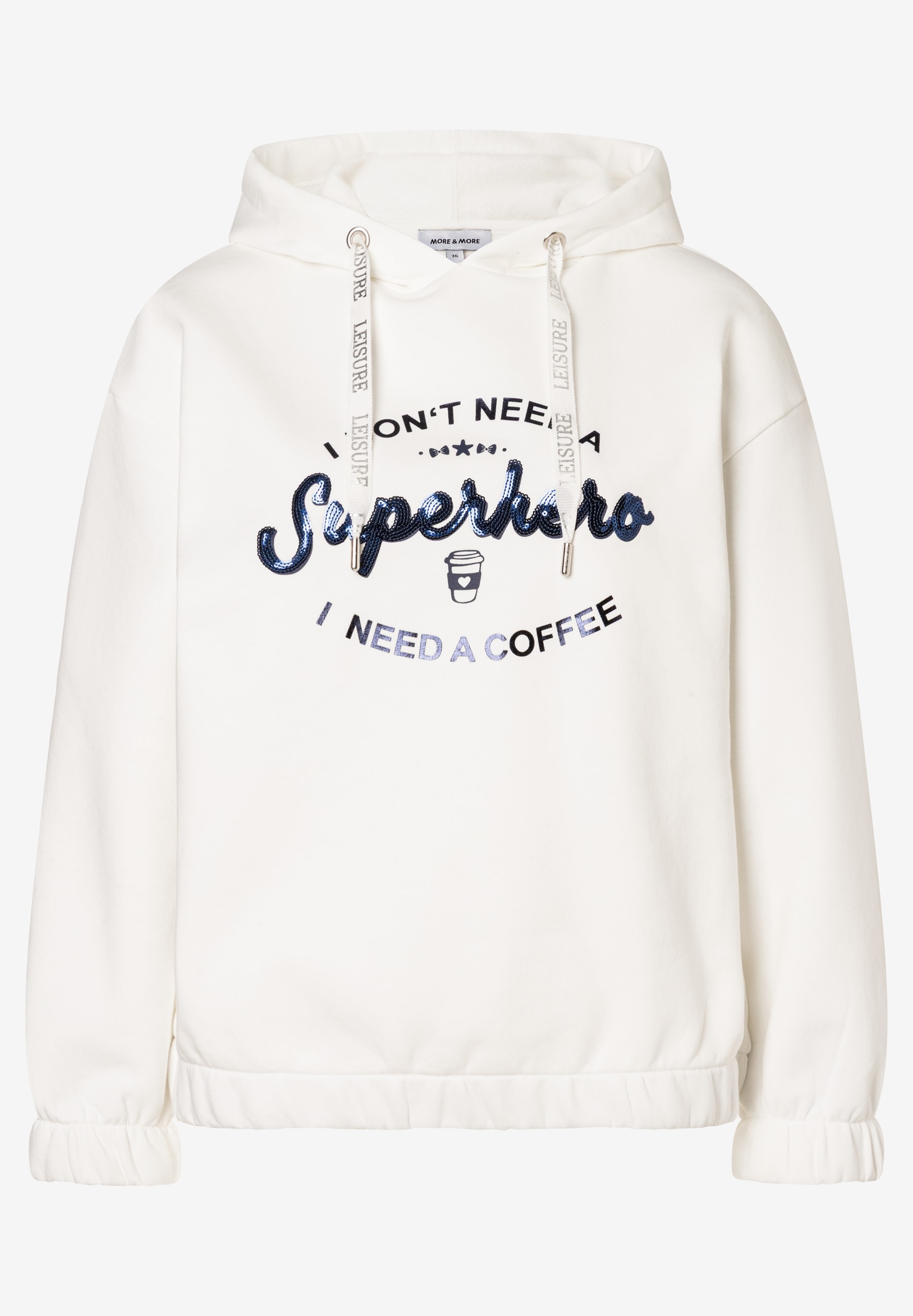 Ein MORE & MORE Sweatshirt mit Kapuze, weiß mit blauem "Superhero"-Schriftzug. Ein MORE & MORE Sweatshirt mit Kapuze, weiß mit blauem "Superhero"-Schriftzug.