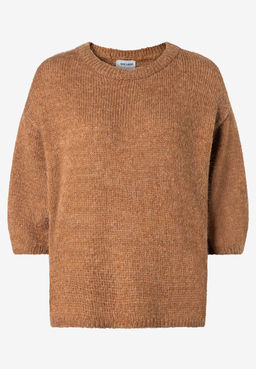 MORE & MORE Strickpullover in Braun. Lockeres Oberteil mit 3/4-Ärmeln, Rundhals und Rippstrick-Details.