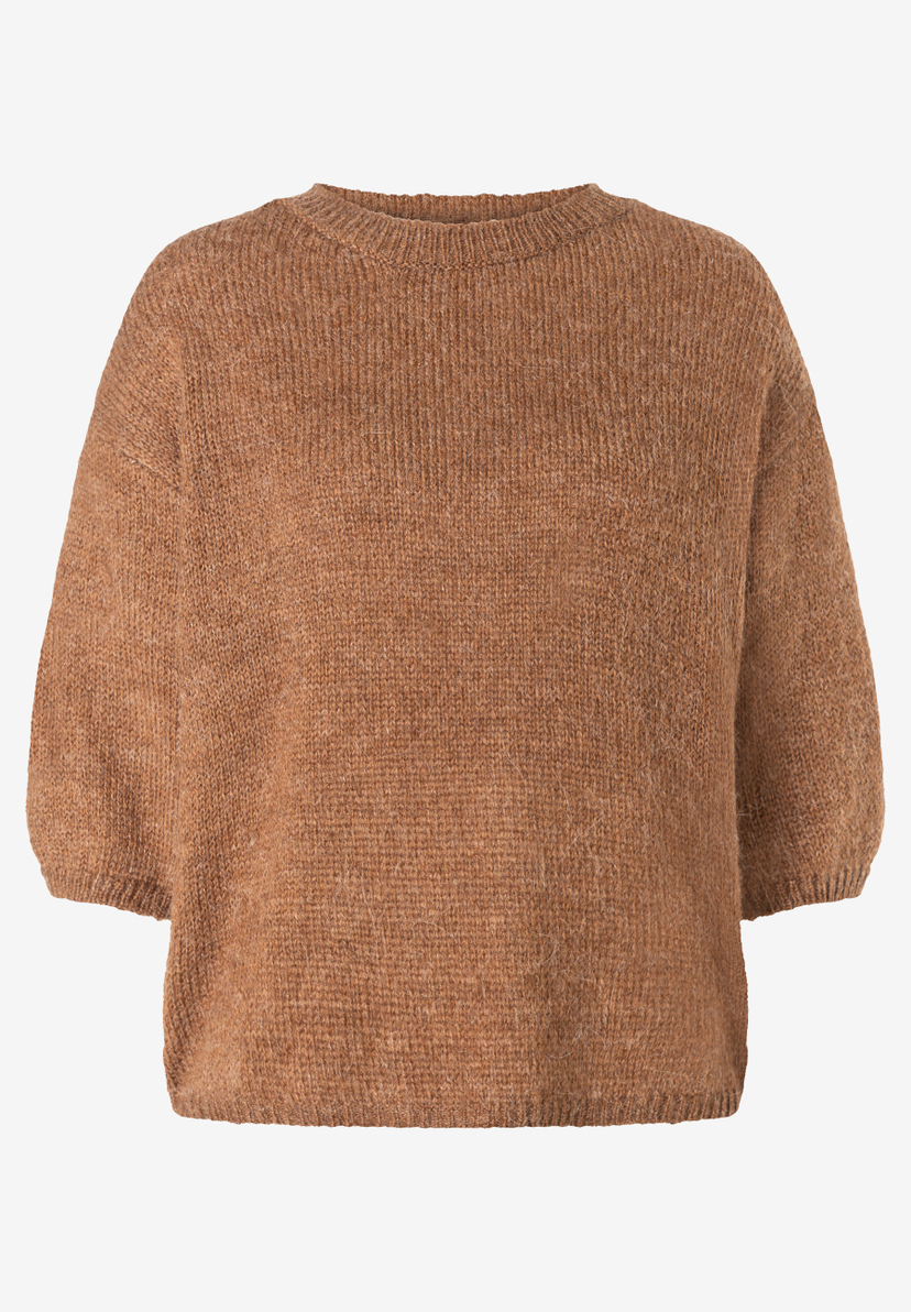 MORE & MORE Strickpullover in Braun. Lockeres Oberteil mit 3/4-Ärmeln, Rundhals und Rippstrick-Details. MORE & MORE Strickpullover in Braun. Lockeres Oberteil mit 3/4-Ärmeln, Rundhals und Rippstrick-Details.