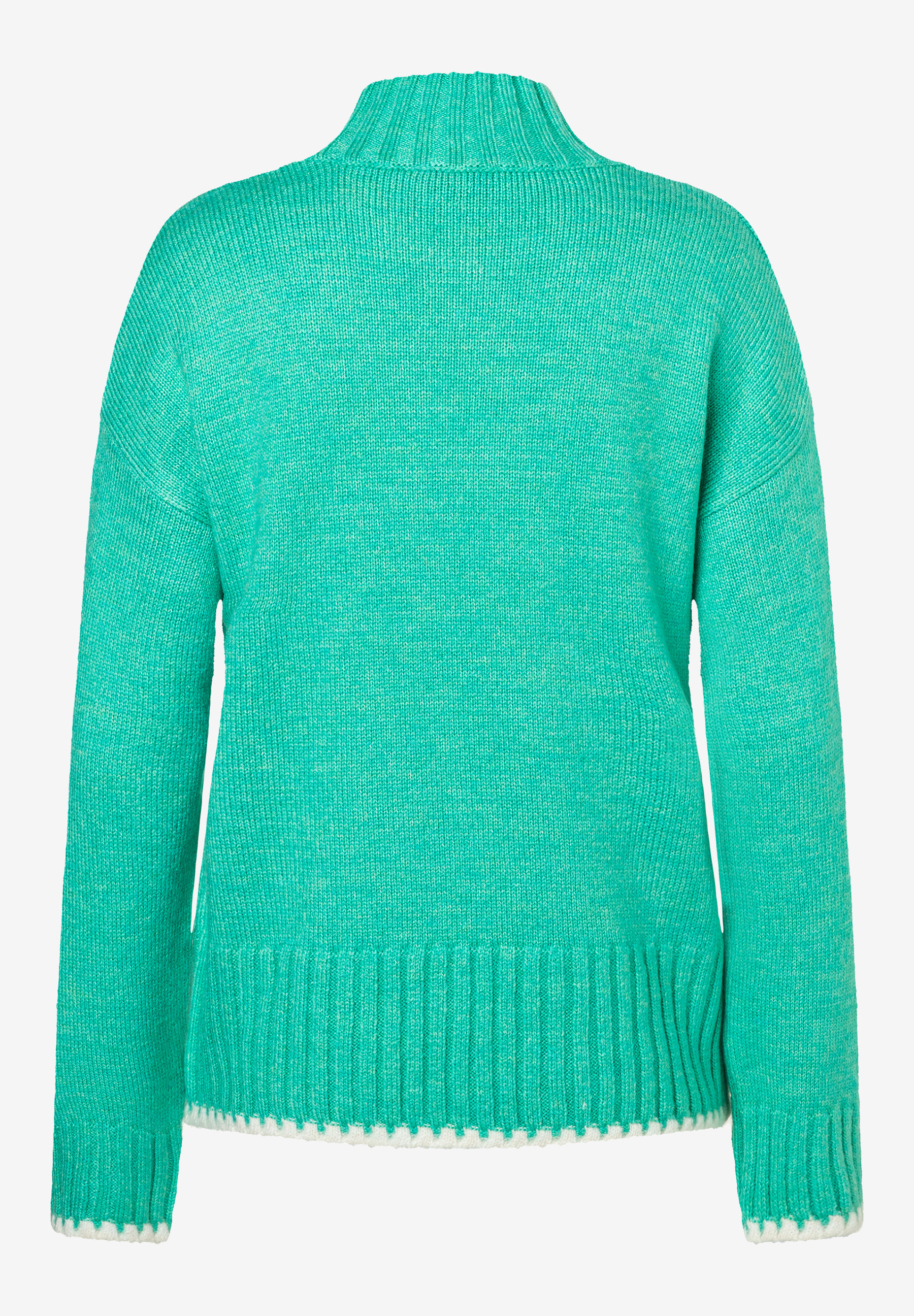Ein Strickpullover von MORE & MORE in Grün mit langen Ärmeln und weißem Saum. Ein Strickpullover von MORE & MORE in Grün mit langen Ärmeln und weißem Saum.