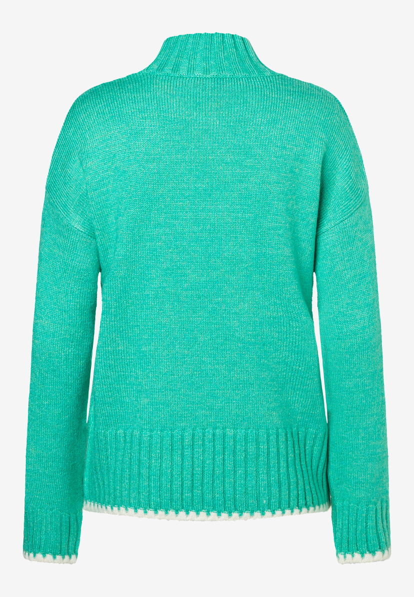 Ein Strickpullover von MORE & MORE in Grün mit langen Ärmeln und weißem Saum. Ein Strickpullover von MORE & MORE in Grün mit langen Ärmeln und weißem Saum.