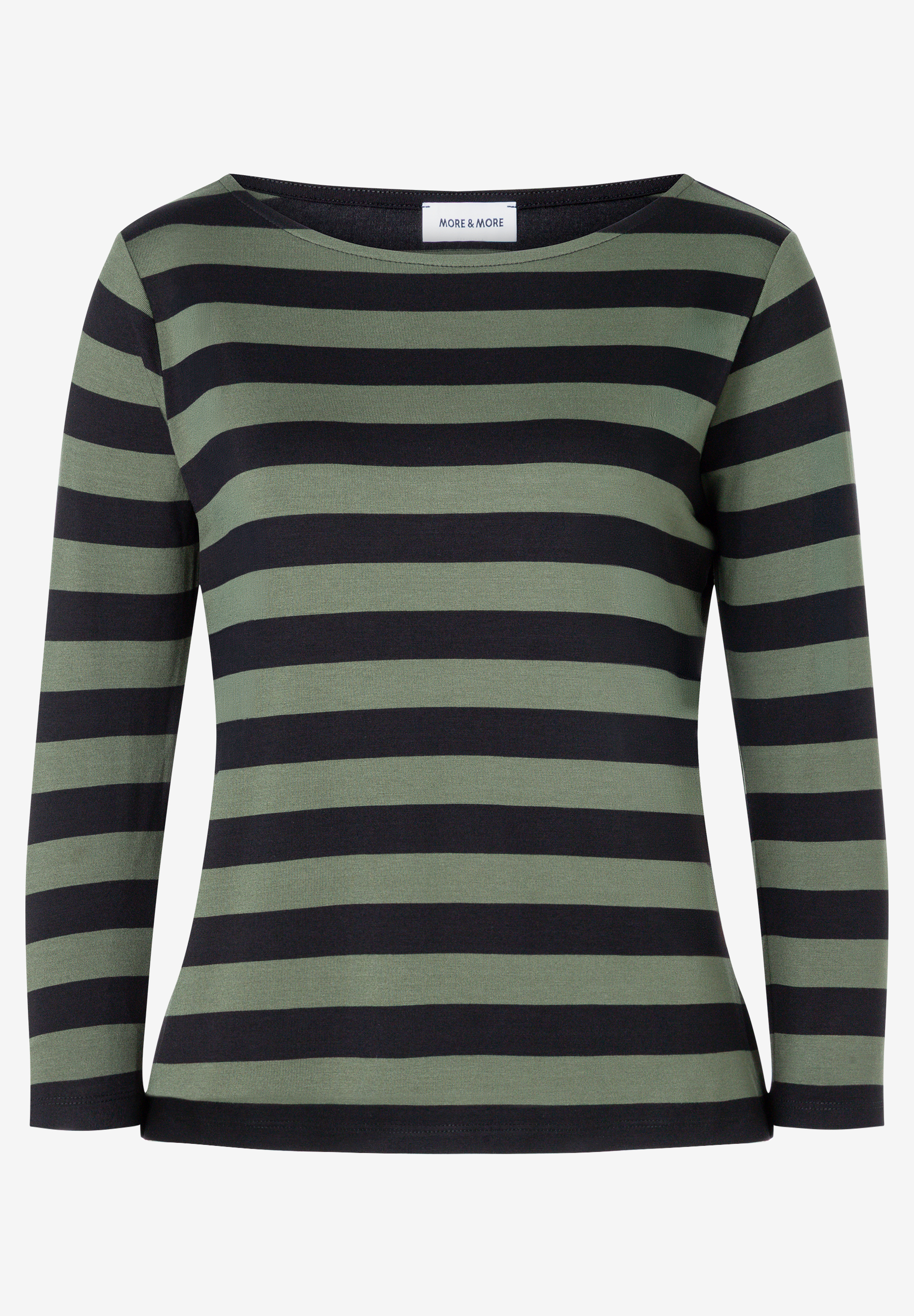 MORE & MORE Langarmshirt gestreift in Grün und Schwarz. Klassisches Rundhals-Top mit schmaler Passform.
