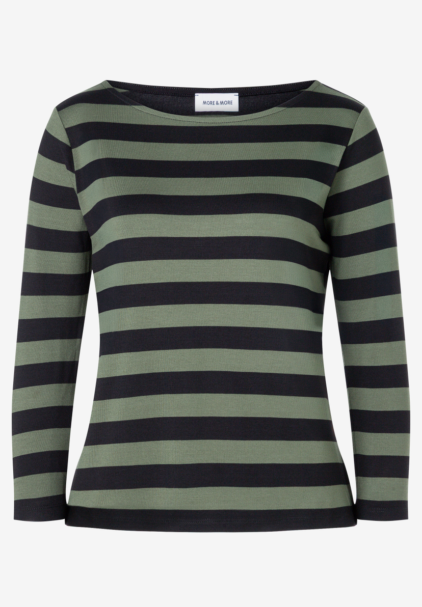 MORE & MORE Langarmshirt gestreift in Grün und Schwarz. Klassisches Rundhals-Top mit schmaler Passform.
