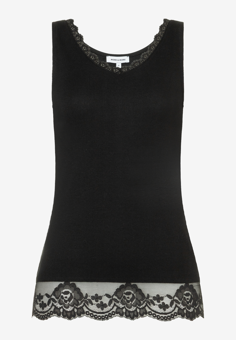 MORE & MORE schwarzes Geripptes Top mit Spitze an Ausschnitt & Saum, kurzärmlig. MORE & MORE schwarzes Geripptes Top mit Spitze an Ausschnitt & Saum, kurzärmlig.