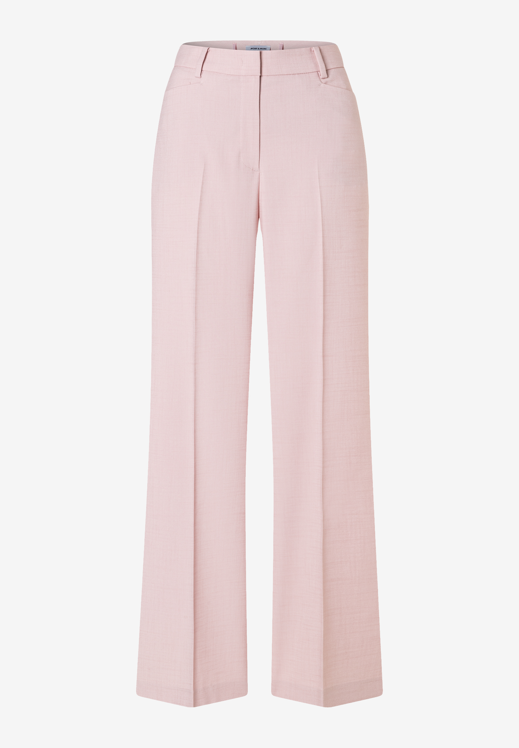 Eine rosafarbene MORE & MORE Hose mit Bügelfalten und weitem Bein vor einem weißen Hintergrund. Eine rosafarbene MORE & MORE Hose mit Bügelfalten und weitem Bein vor einem weißen Hintergrund.