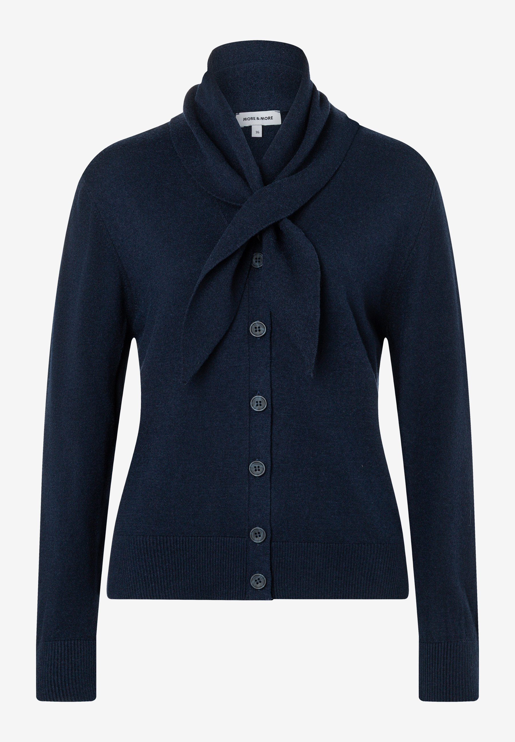 MORE & MORE Pullover & Strickware: Dunkelblaue Strickjacke mit durchgehender Knopfleiste und Schalkragen, gebunden zu einem Knoten. MORE & MORE Pullover & Strickware: Dunkelblaue Strickjacke mit durchgehender Knopfleiste und Schalkragen, gebunden zu einem Knoten.